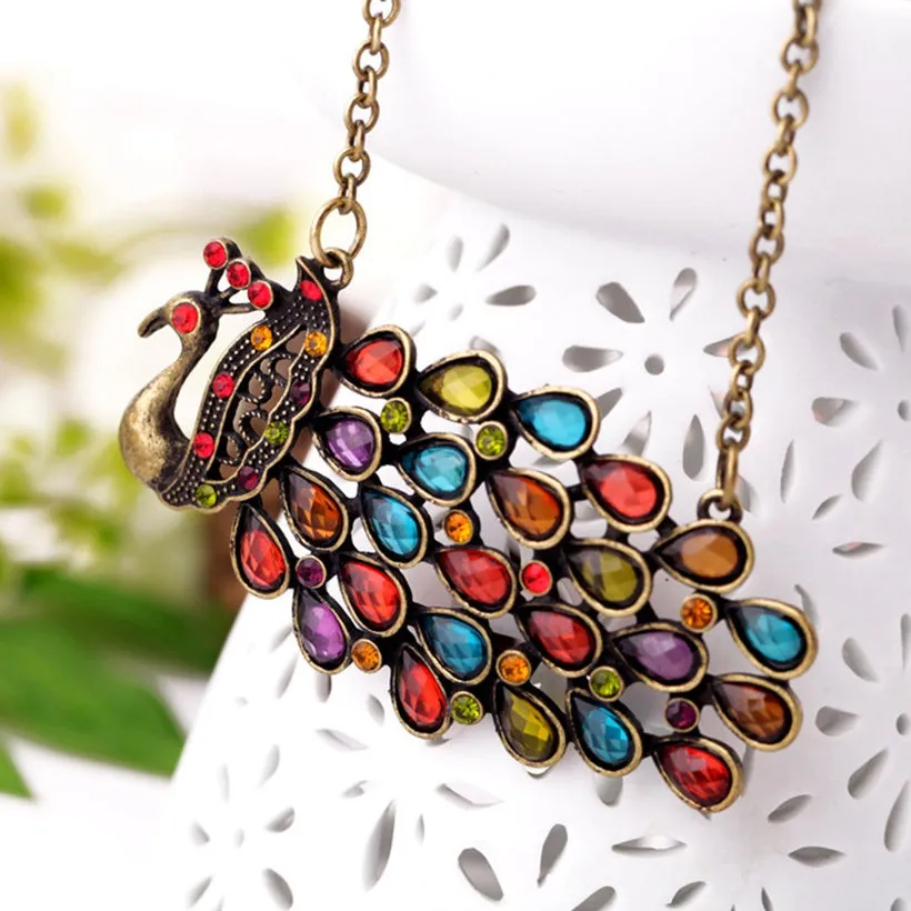 N1964 Bronze Multi Color Gem Peacock Long Necklace with FREE Earrings