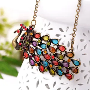 N1964 Bronze Multi Color Gem Peacock Long Necklace with FREE Earrings