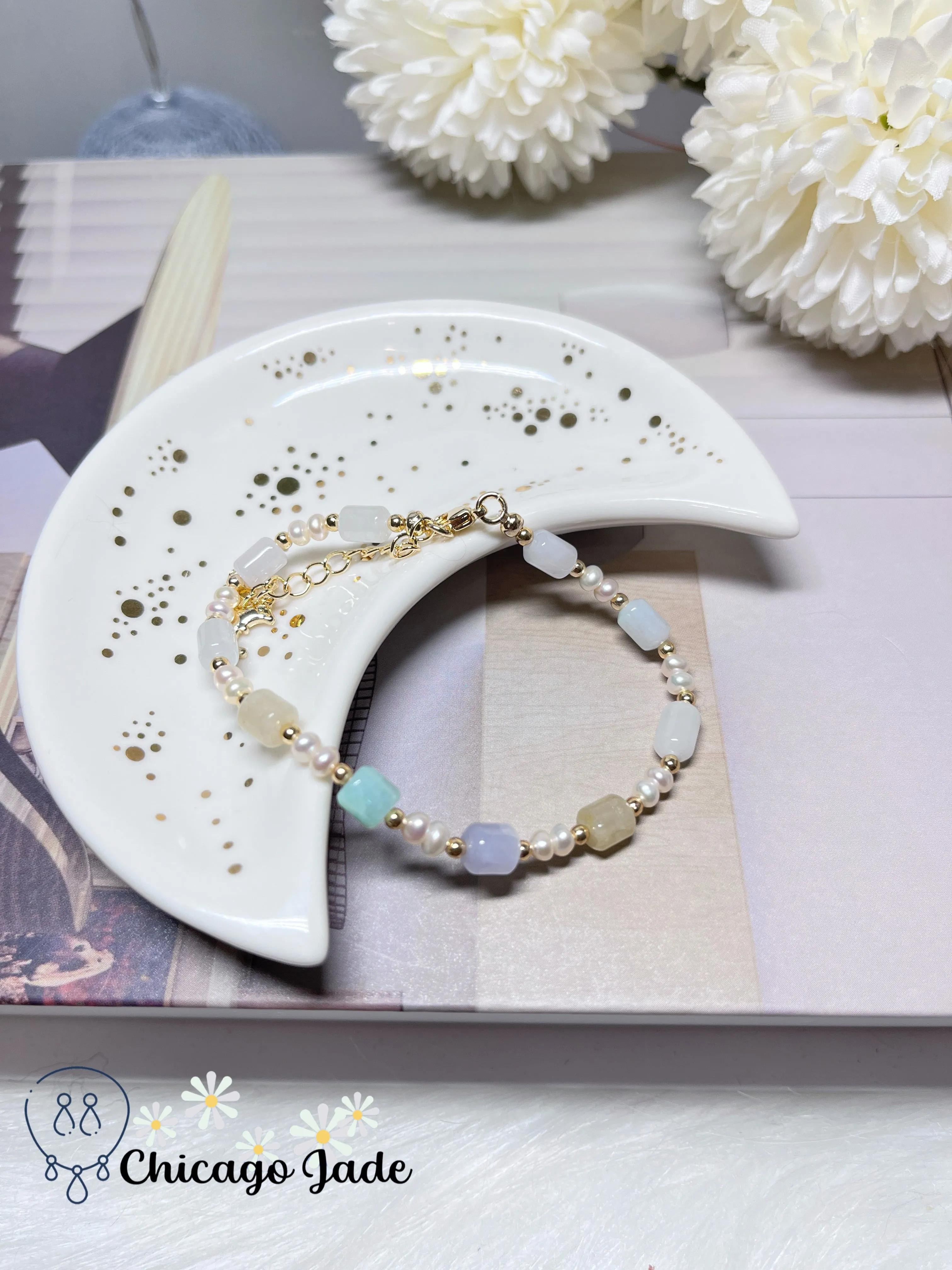 Natural Freshwater Pearls and Natural Untreated Grade A Jadeite Jade Feicui Beaded Bracelet