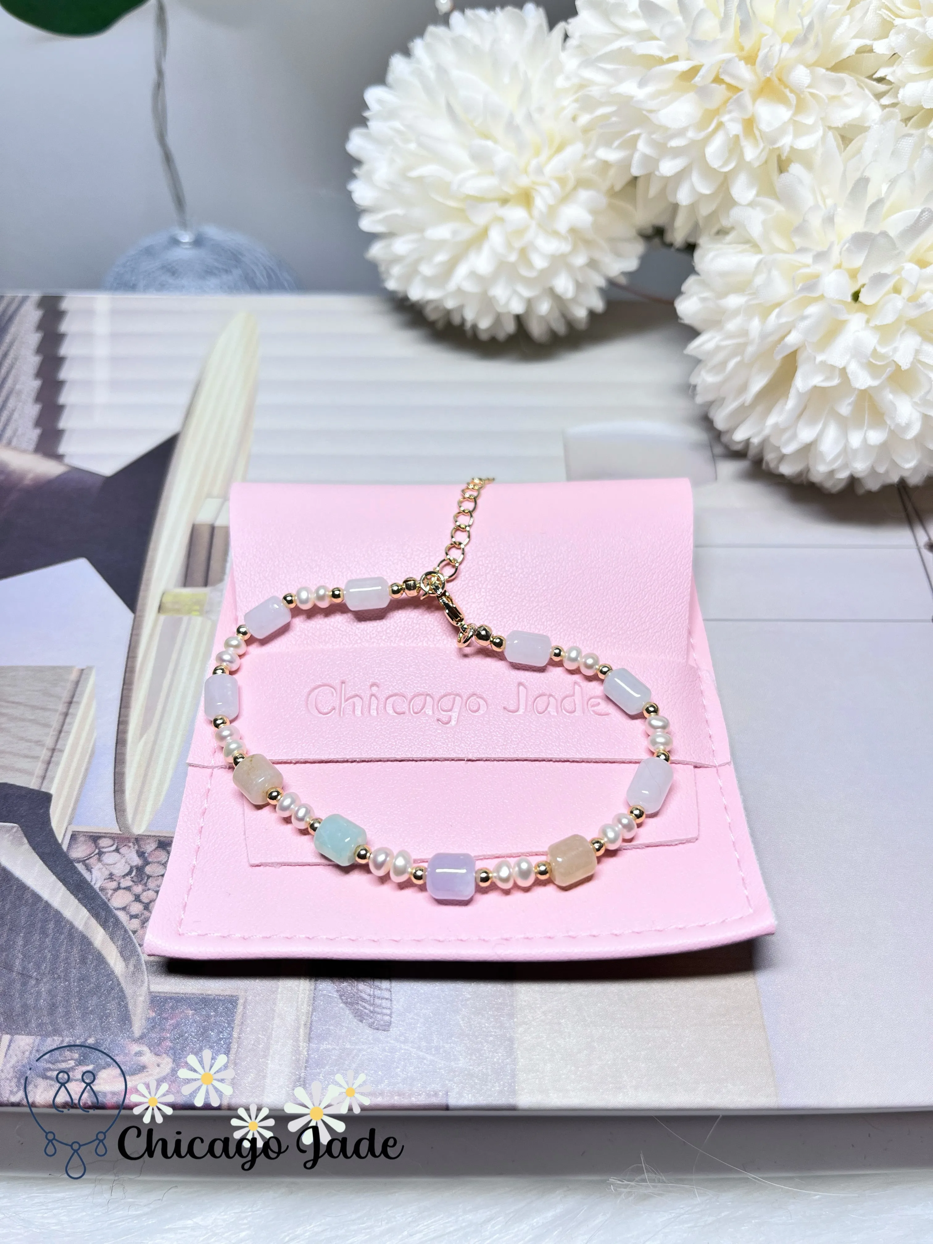 Natural Freshwater Pearls and Natural Untreated Grade A Jadeite Jade Feicui Beaded Bracelet