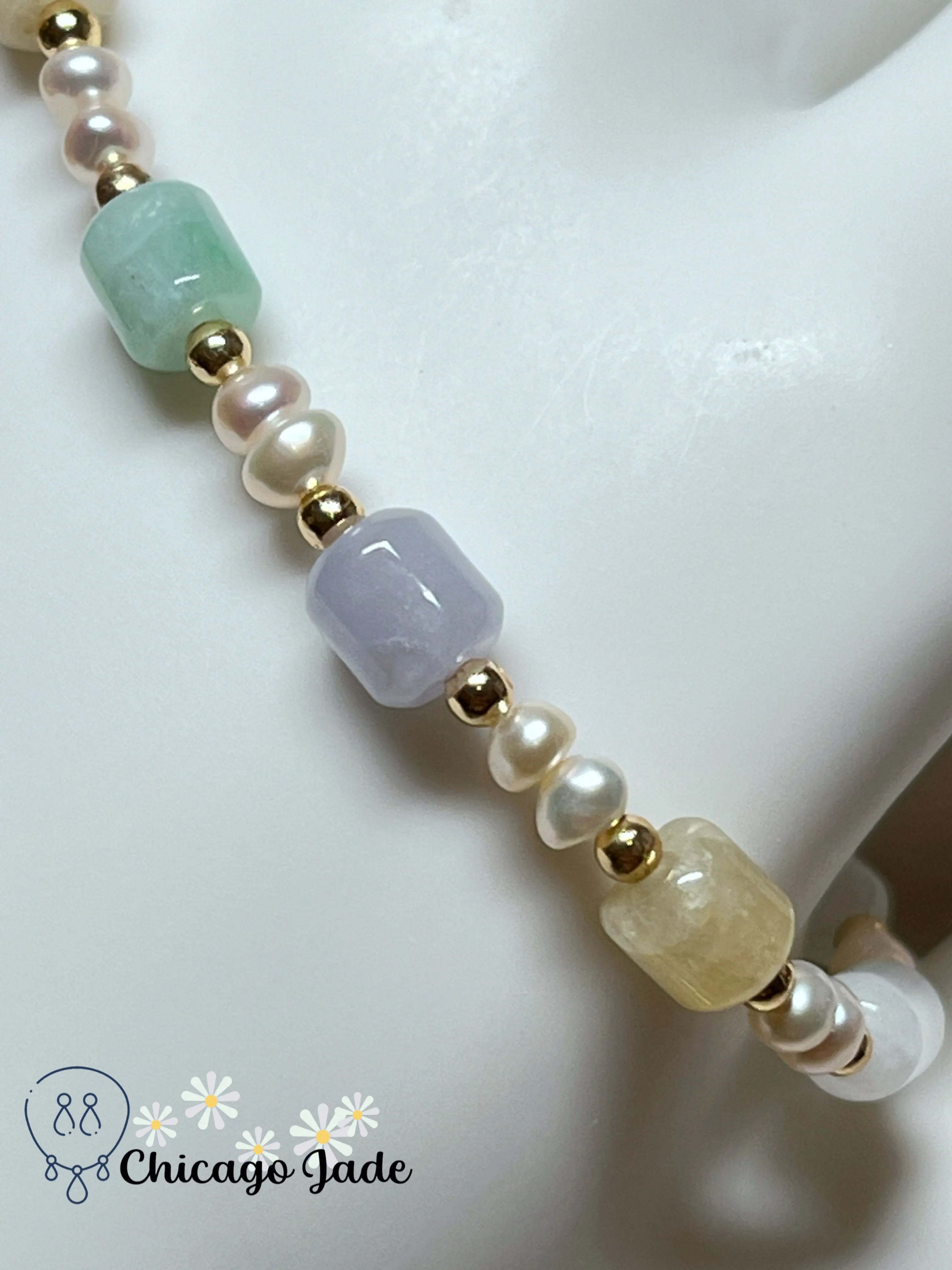 Natural Freshwater Pearls and Natural Untreated Grade A Jadeite Jade Feicui Beaded Bracelet