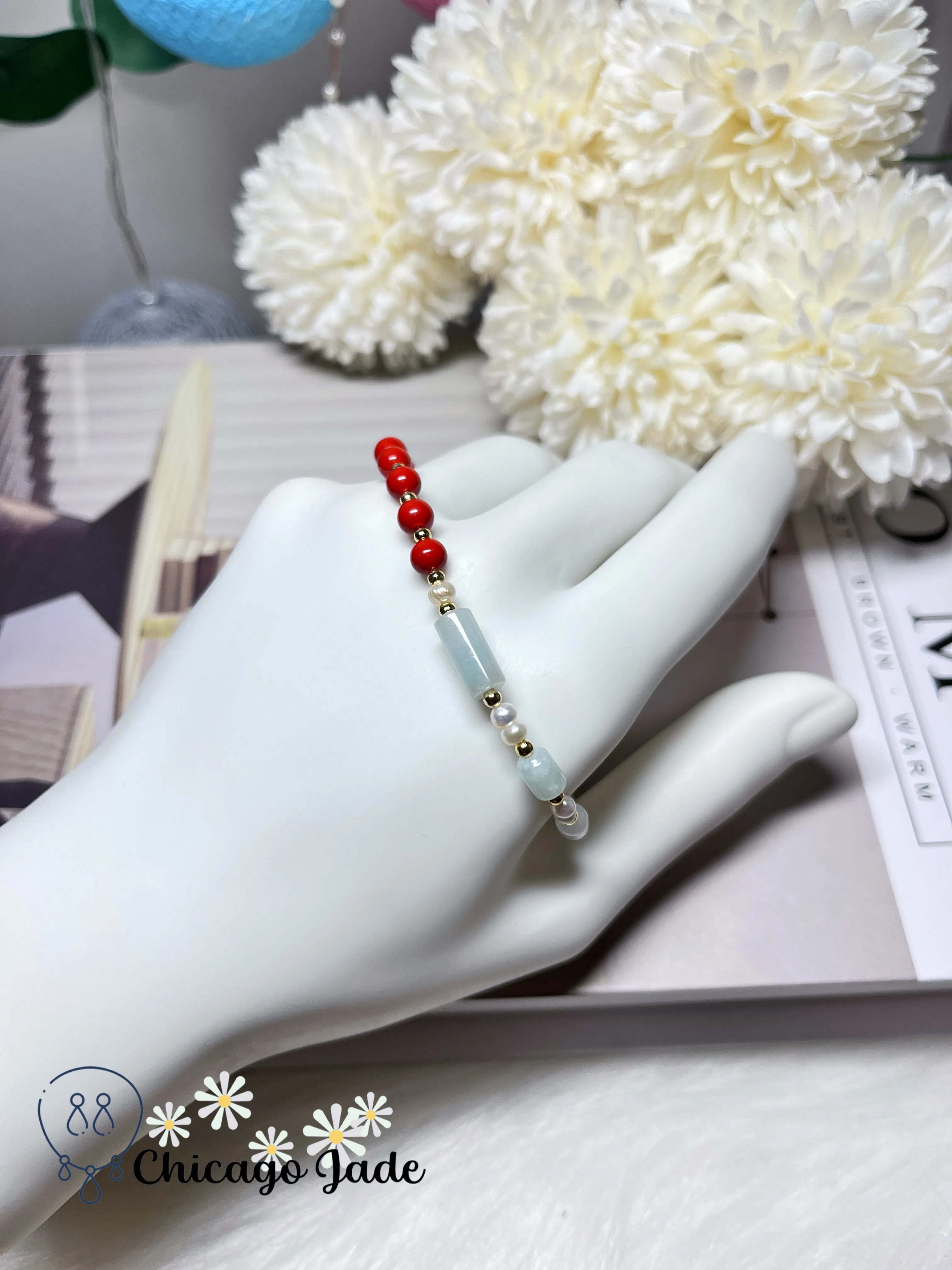 Natural Freshwater Pearls Natural Untreated Jadeite Jade Feicui Beaded Bracelet
