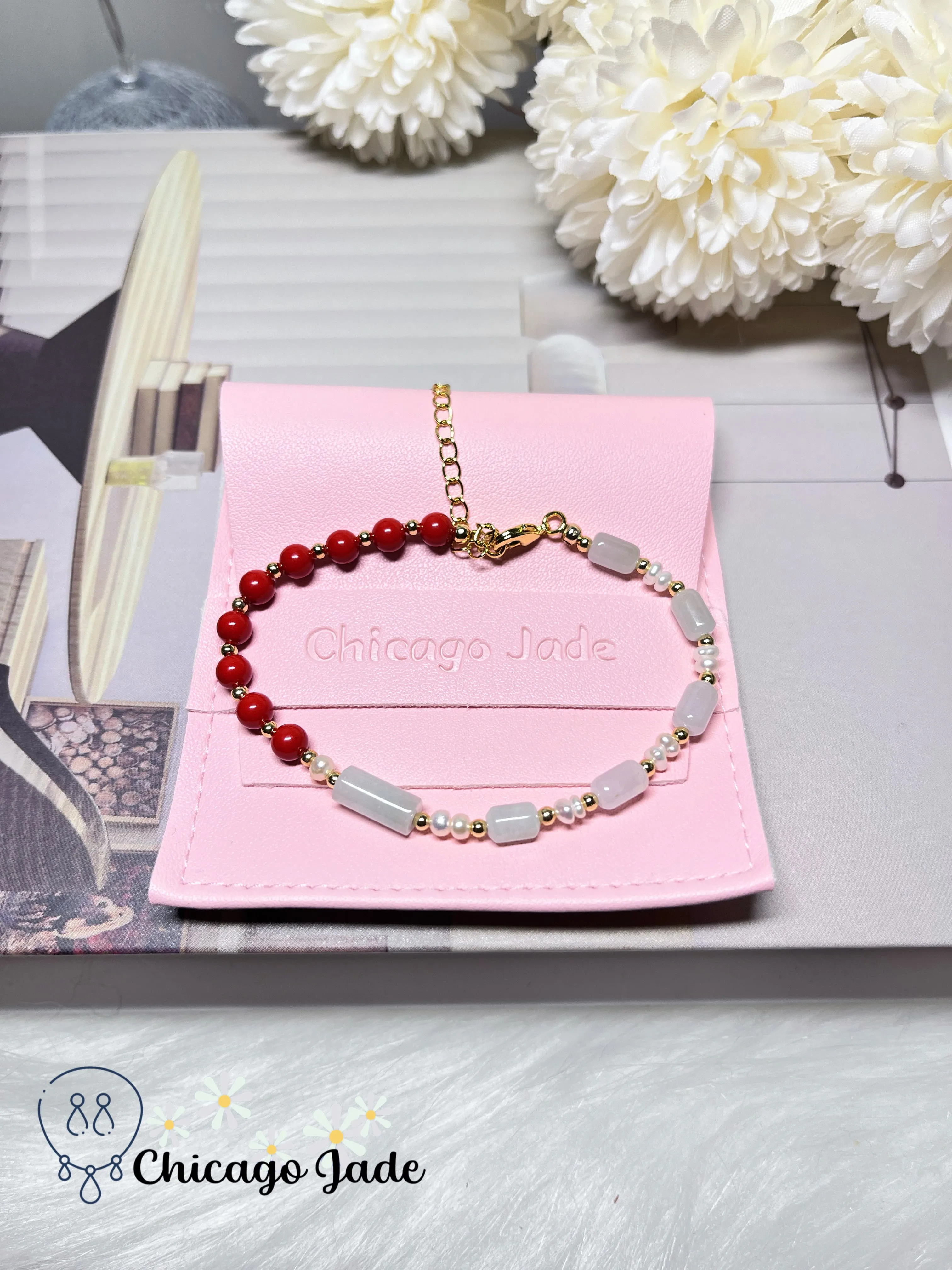Natural Freshwater Pearls Natural Untreated Jadeite Jade Feicui Beaded Bracelet