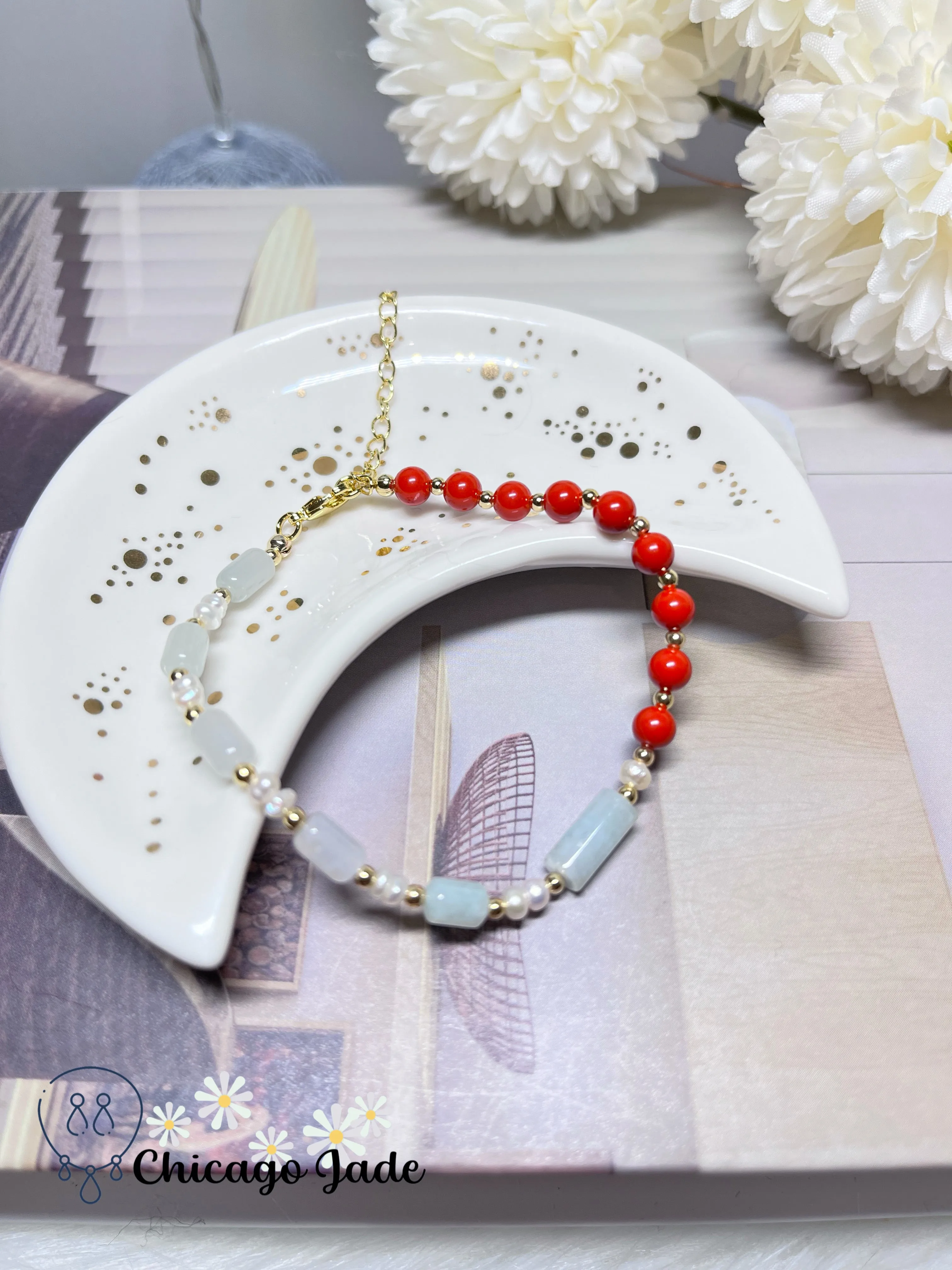 Natural Freshwater Pearls Natural Untreated Jadeite Jade Feicui Beaded Bracelet