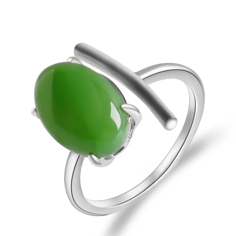 Natural Jade Ring Nephrite Silver Adjustable Ring ZNRG106