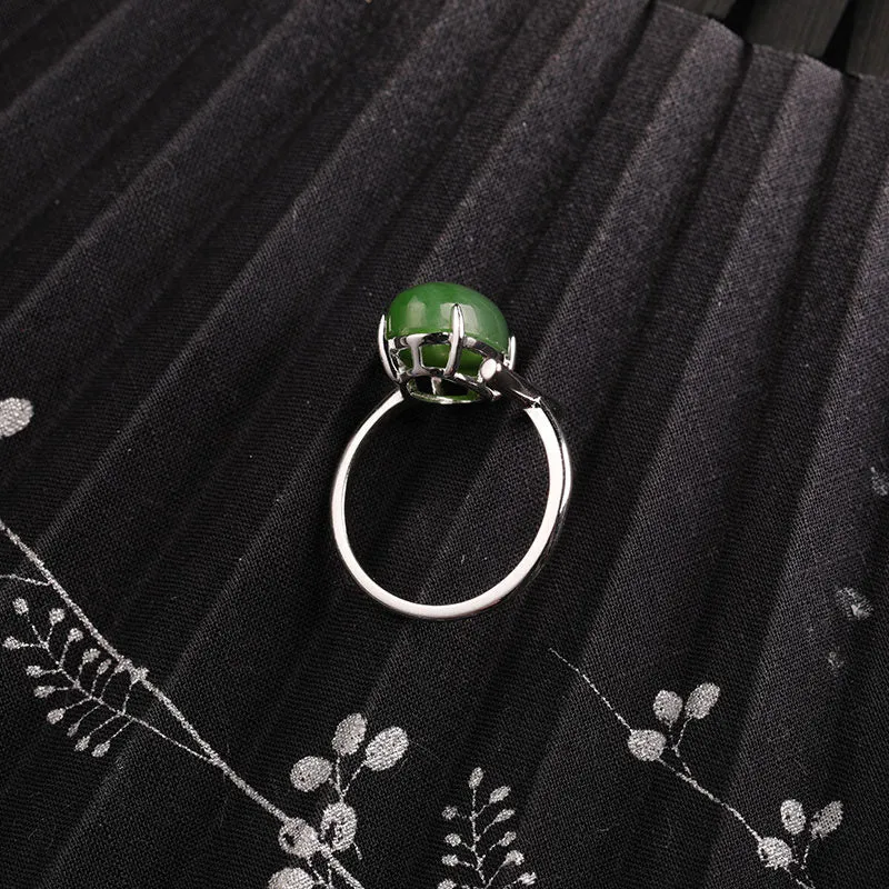 Natural Jade Ring Nephrite Silver Adjustable Ring ZNRG106