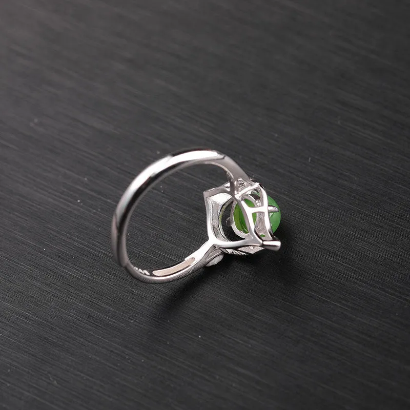 Natural Jade Ring Nephrite Silver Zircon Adjustable Ring ZNRG100