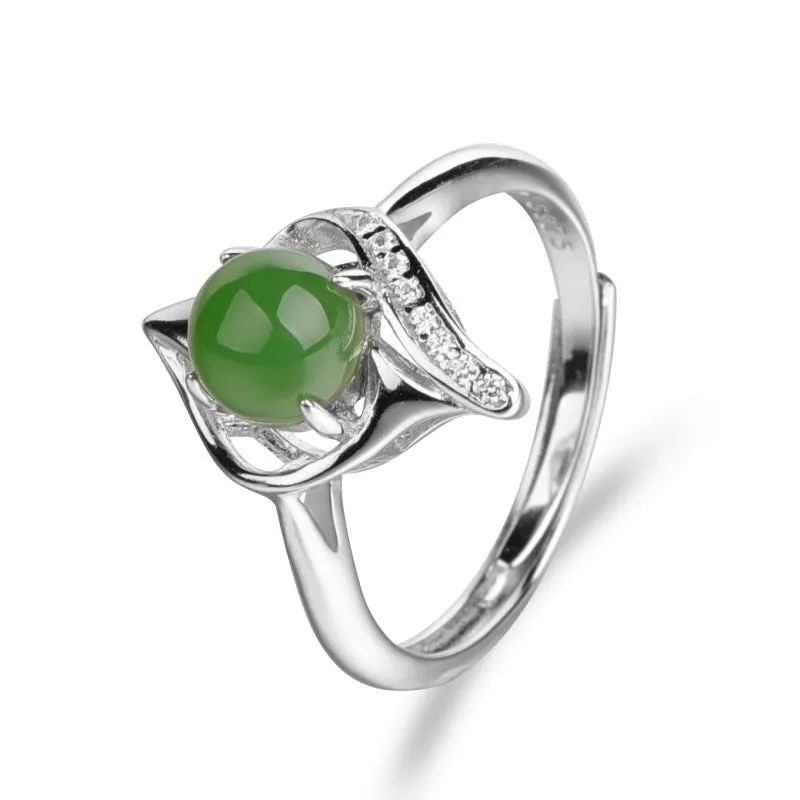 Natural Jade Ring Nephrite Silver Zircon Adjustable Ring ZNRG100