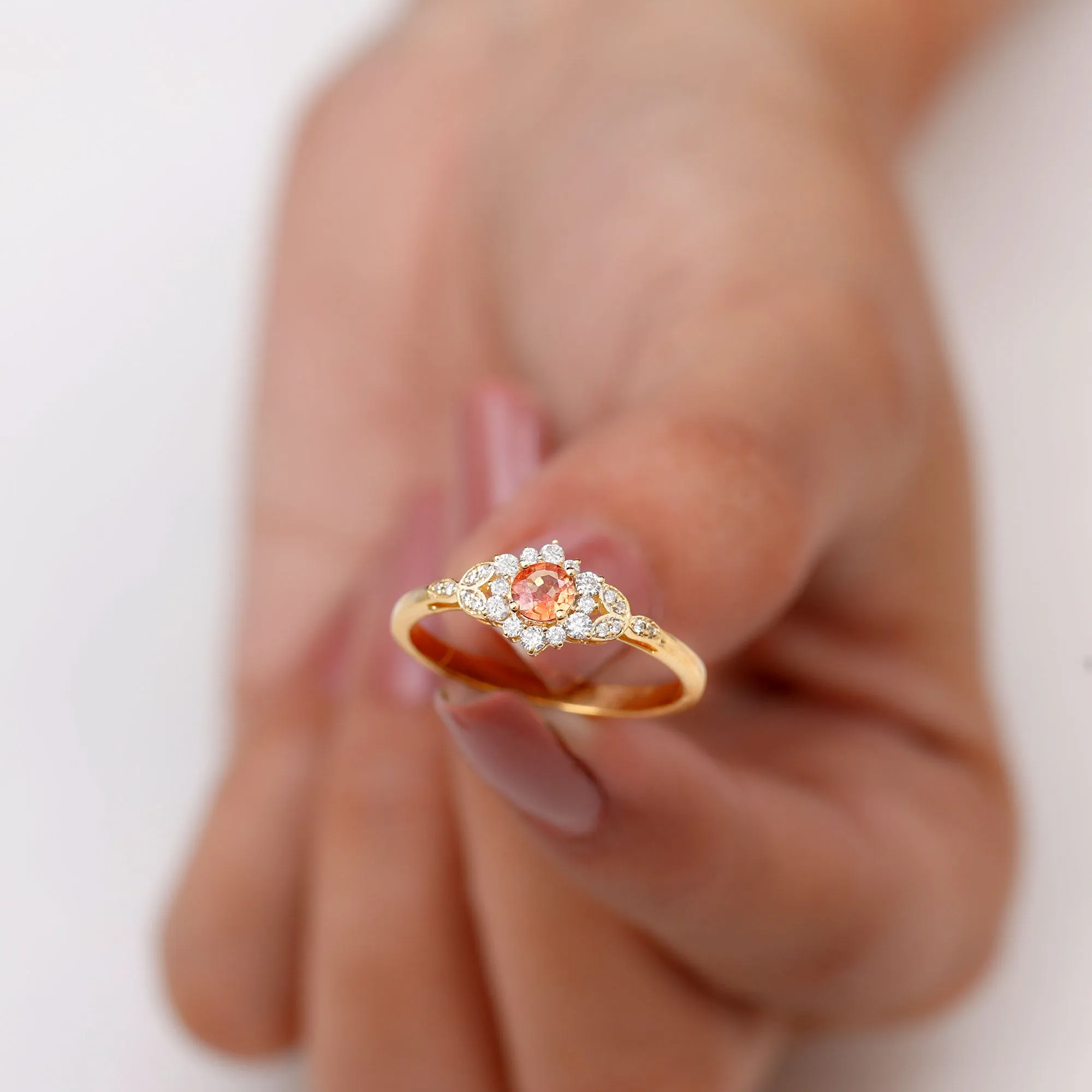 Orange Sapphire Flower Engagement Ring with Diamond Halo