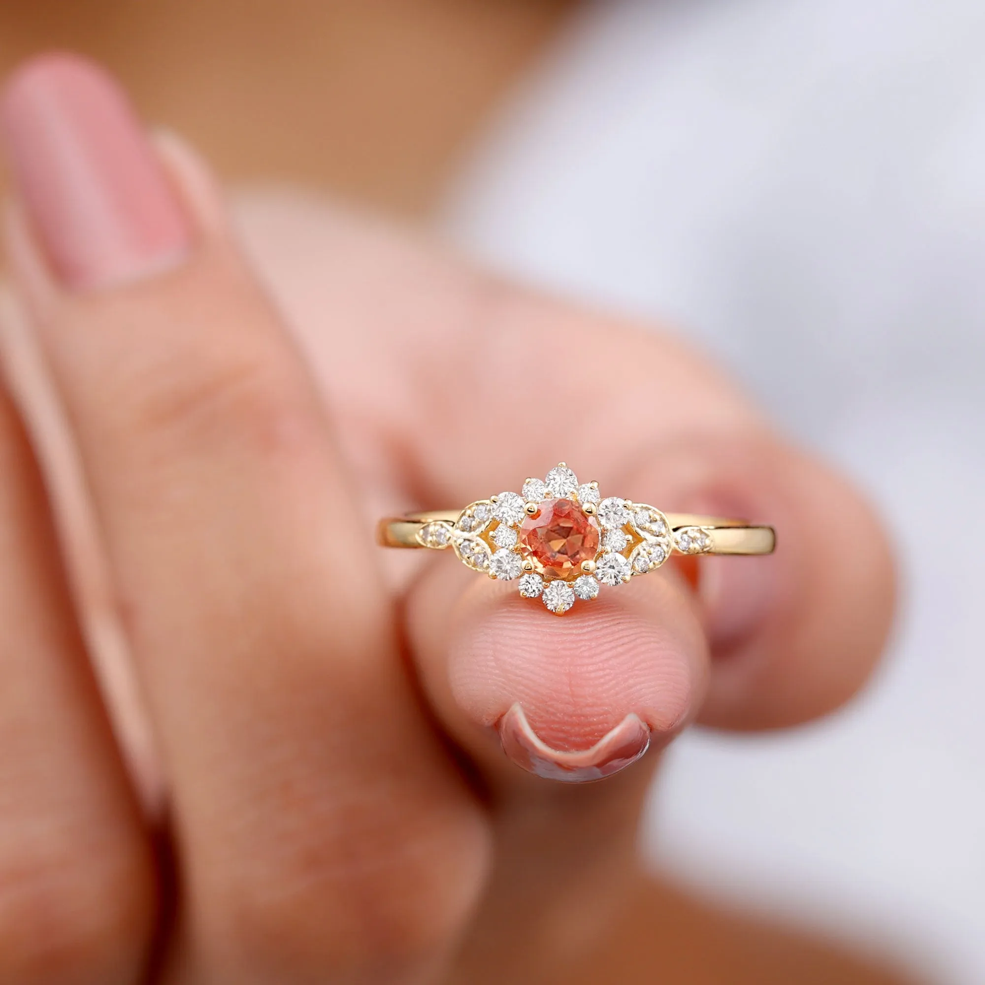 Orange Sapphire Flower Engagement Ring with Diamond Halo