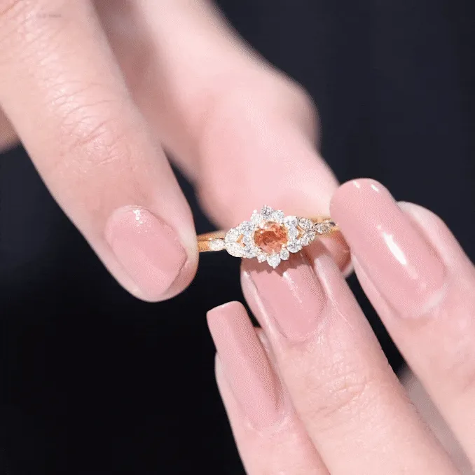 Orange Sapphire Flower Engagement Ring with Diamond Halo