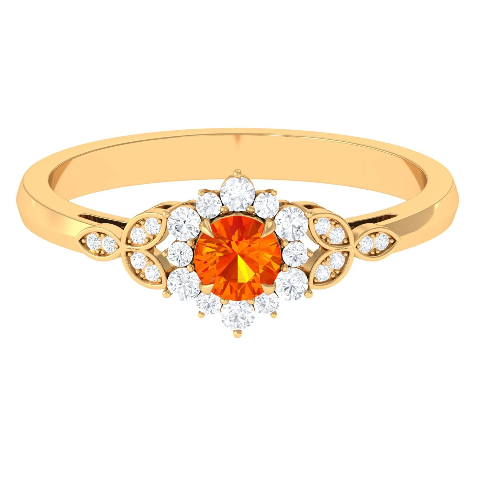 Orange Sapphire Flower Engagement Ring with Diamond Halo