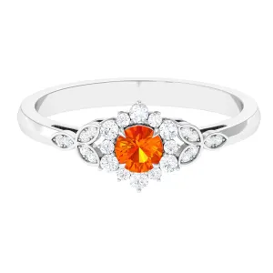 Orange Sapphire Flower Engagement Ring with Diamond Halo