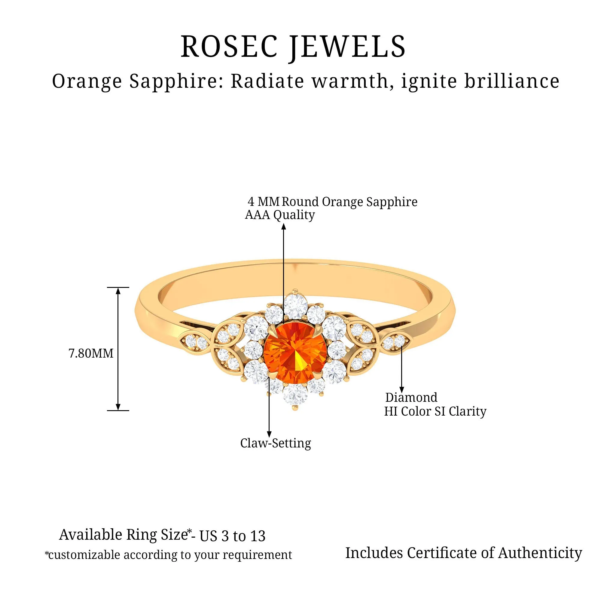 Orange Sapphire Flower Engagement Ring with Diamond Halo
