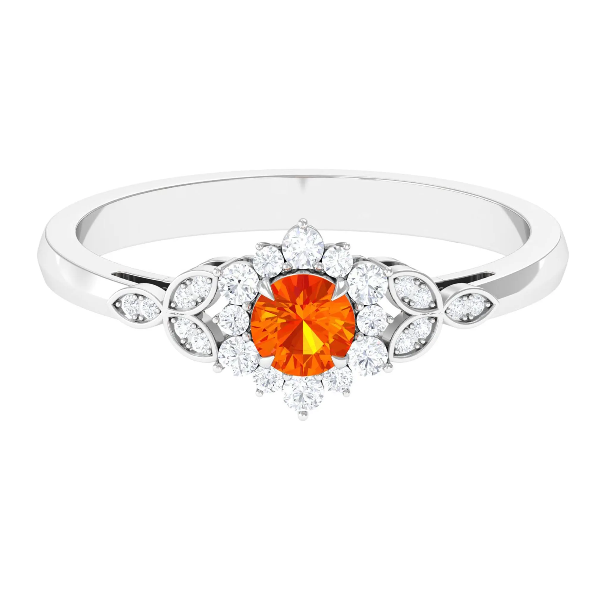 Orange Sapphire Flower Engagement Ring with Diamond Halo