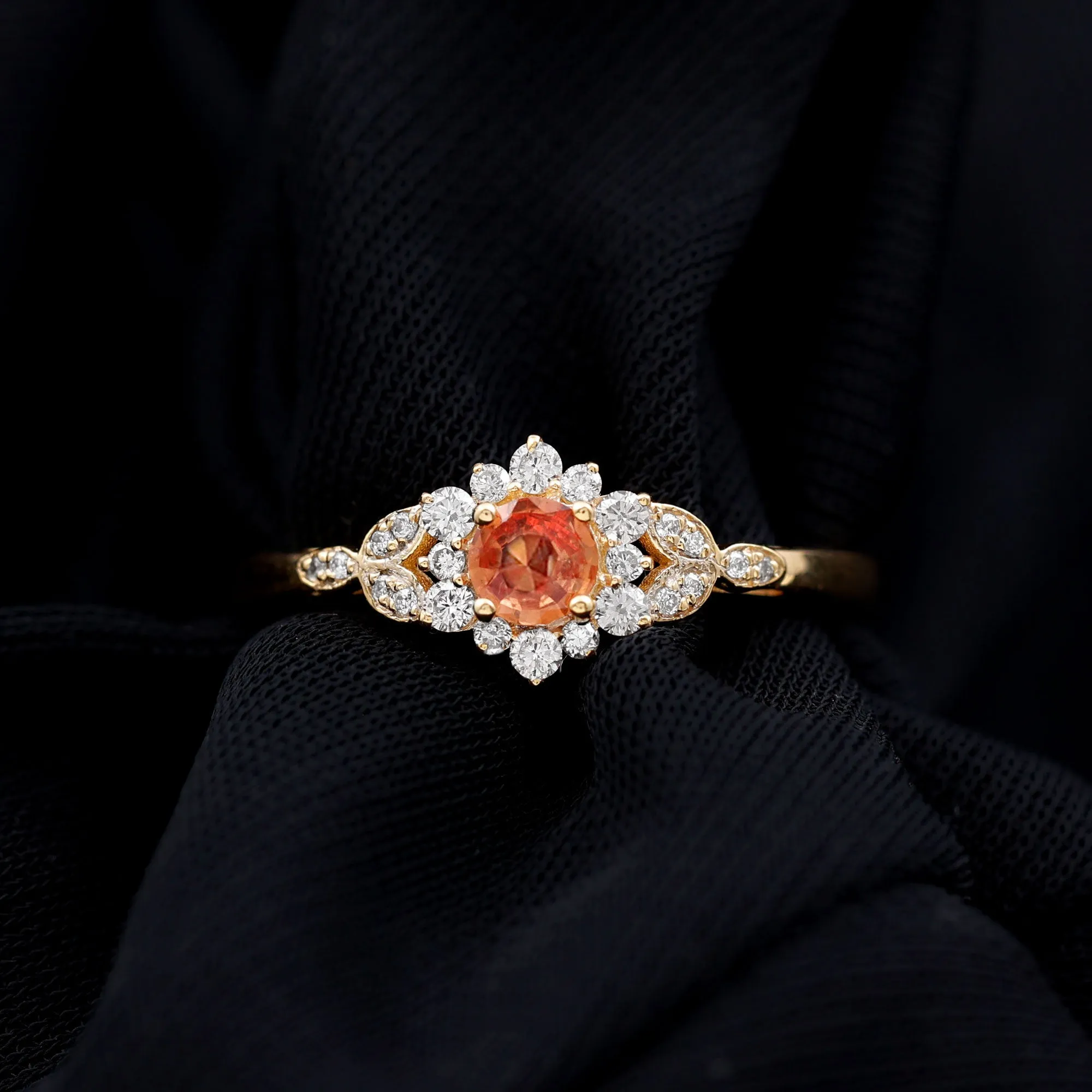 Orange Sapphire Flower Engagement Ring with Diamond Halo