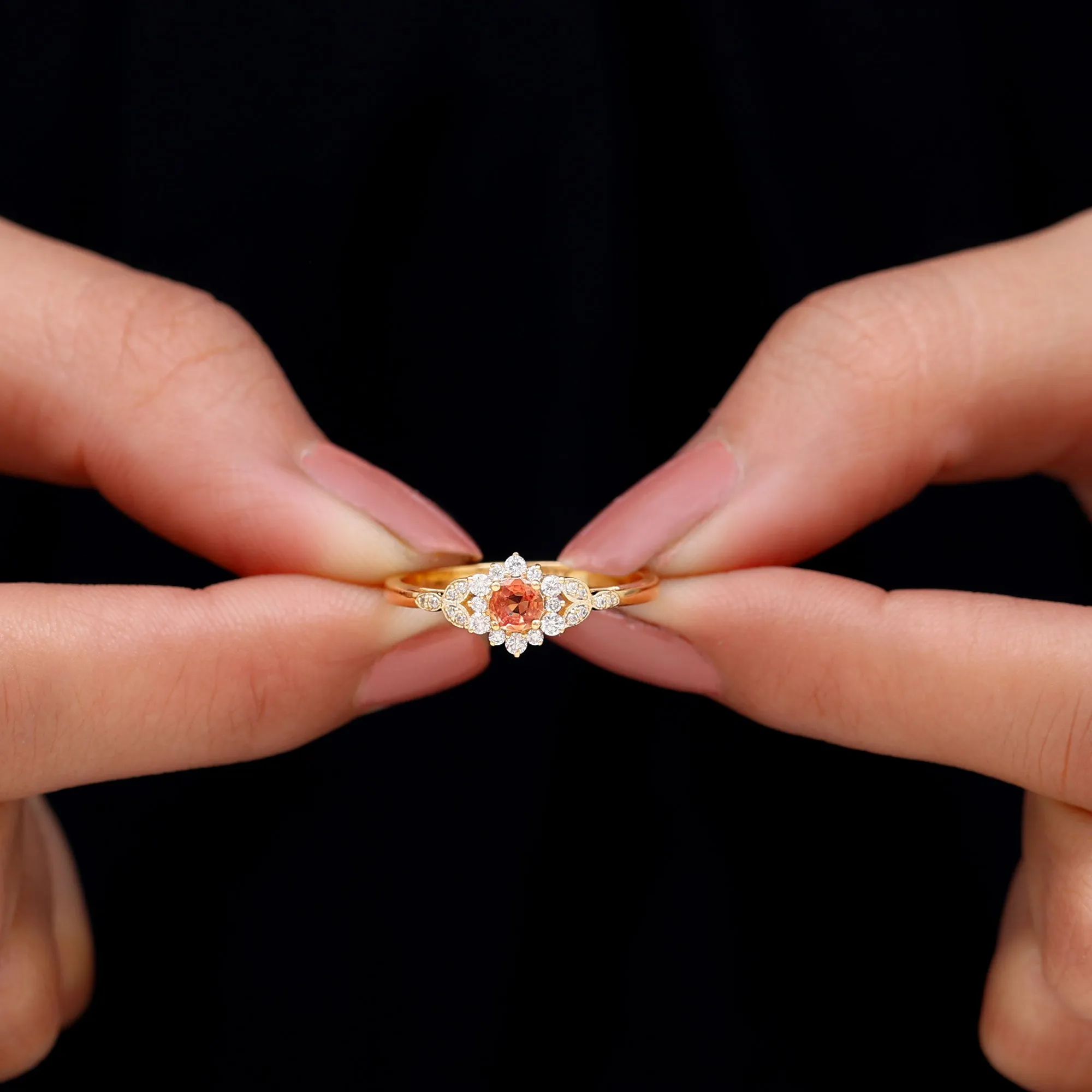 Orange Sapphire Flower Engagement Ring with Diamond Halo