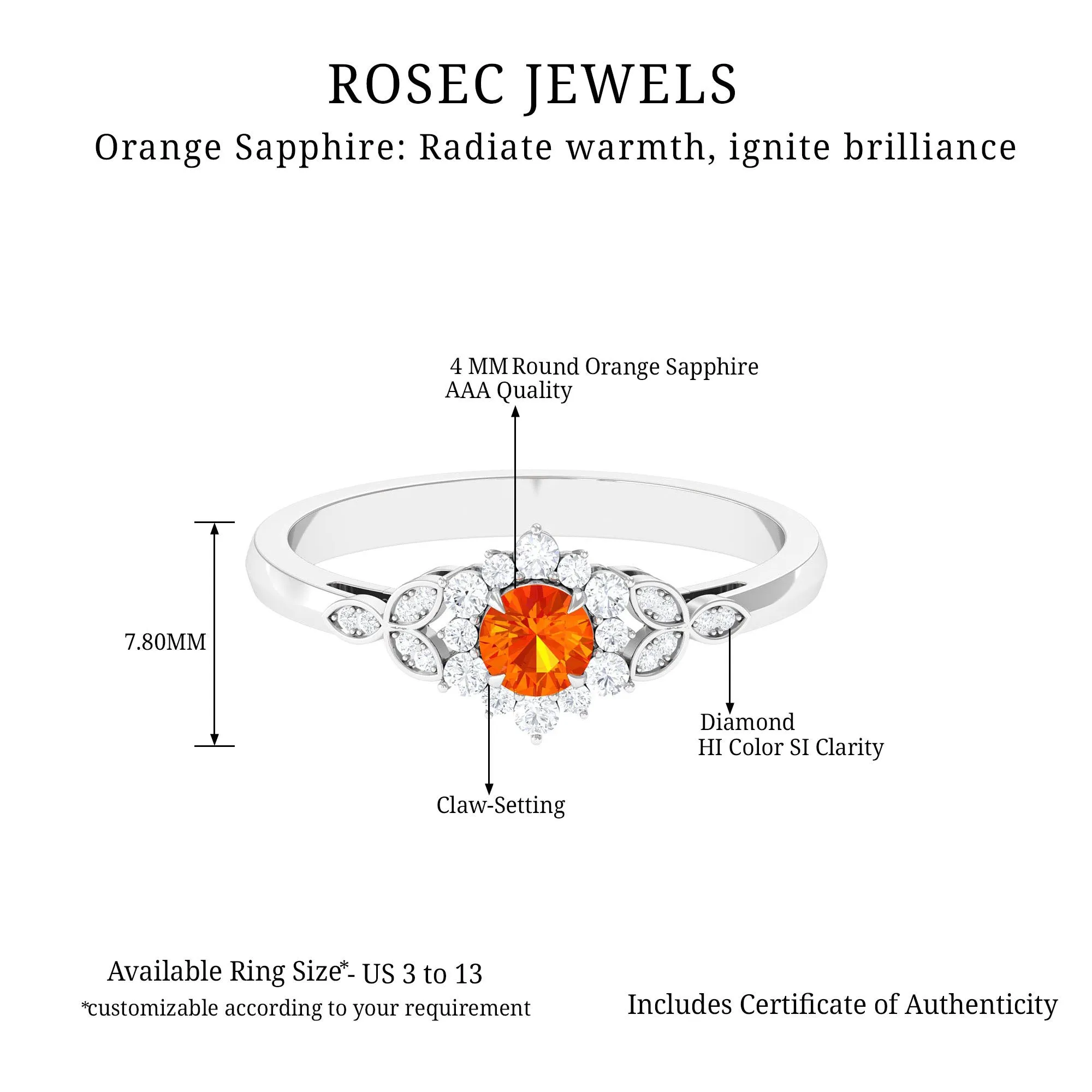 Orange Sapphire Flower Engagement Ring with Diamond Halo