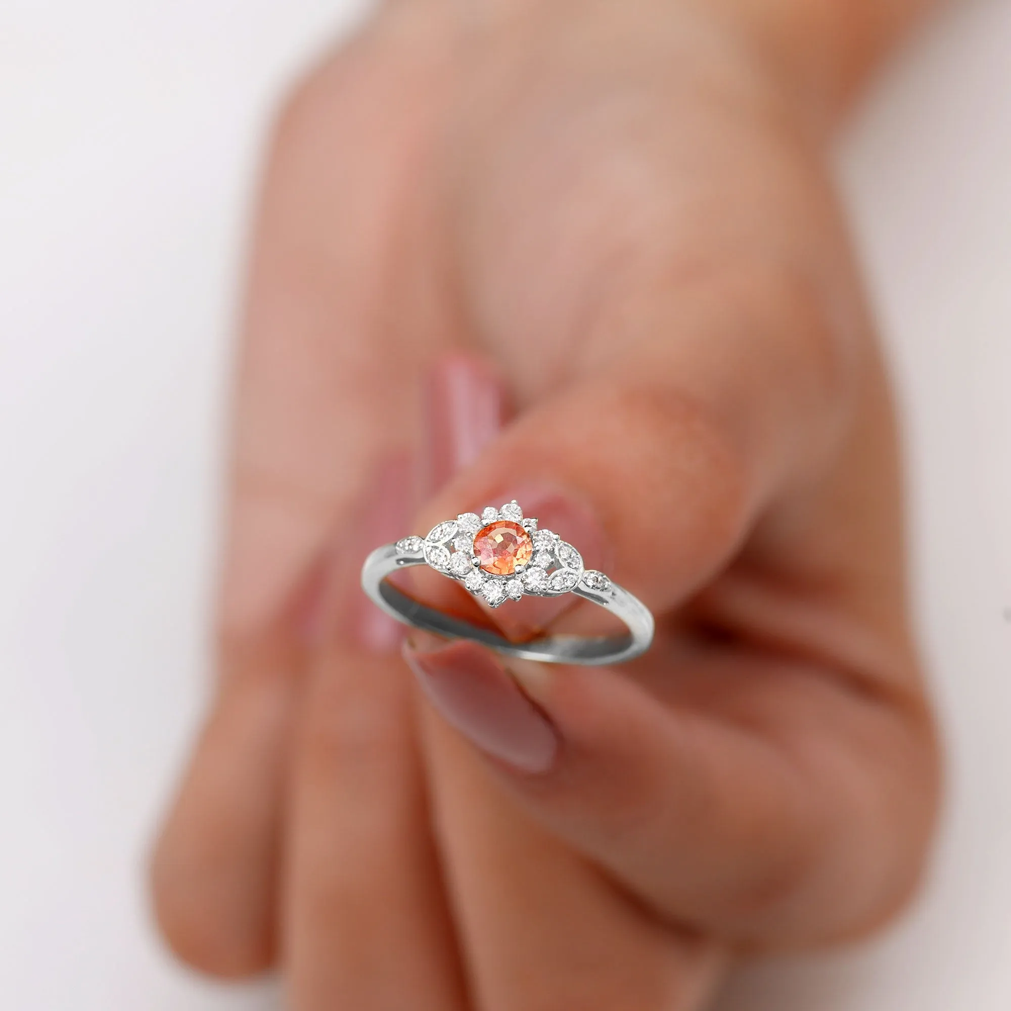 Orange Sapphire Flower Engagement Ring with Diamond Halo