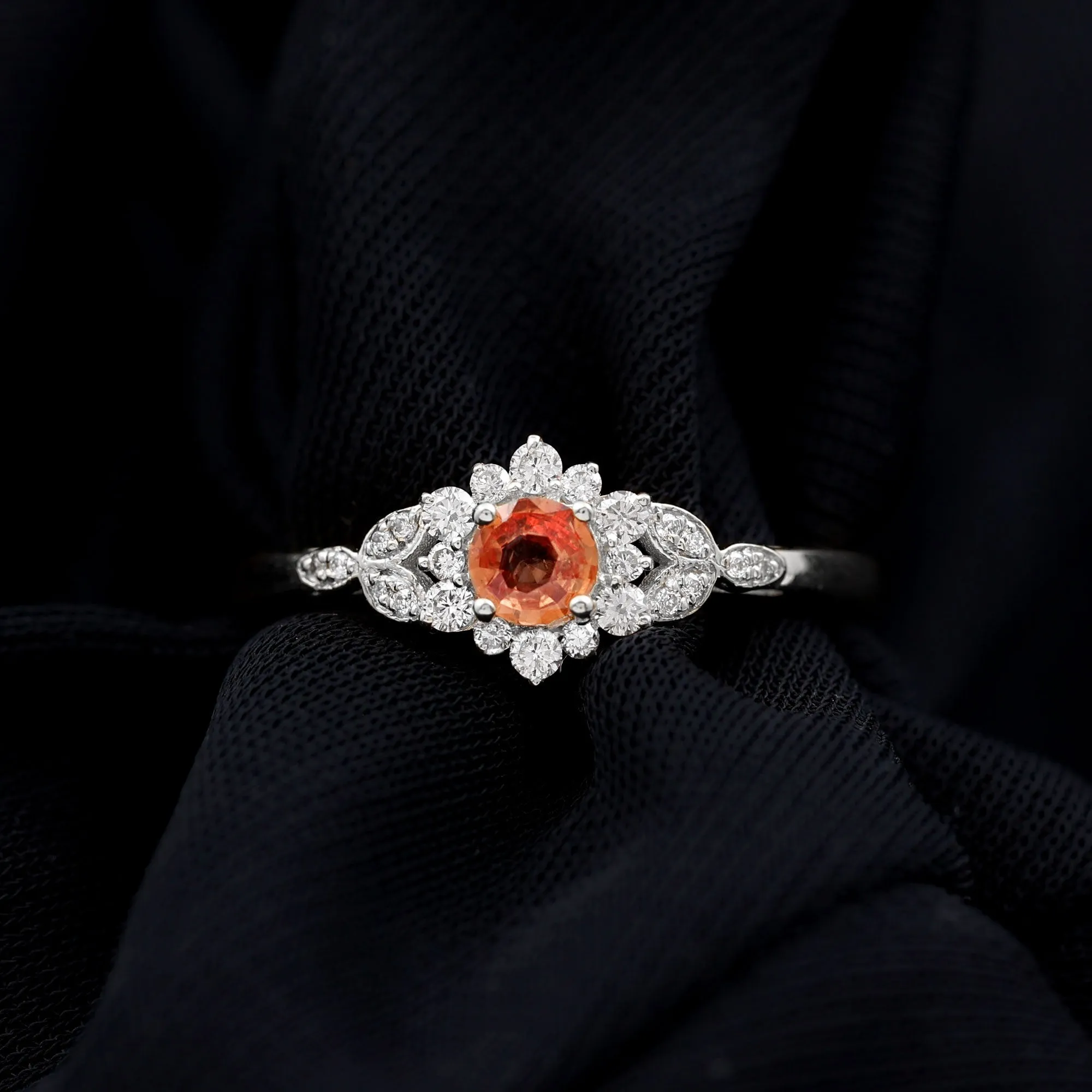 Orange Sapphire Flower Engagement Ring with Diamond Halo