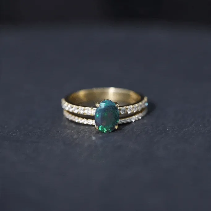Oval Black Opal Wedding Ring Set With Diamond