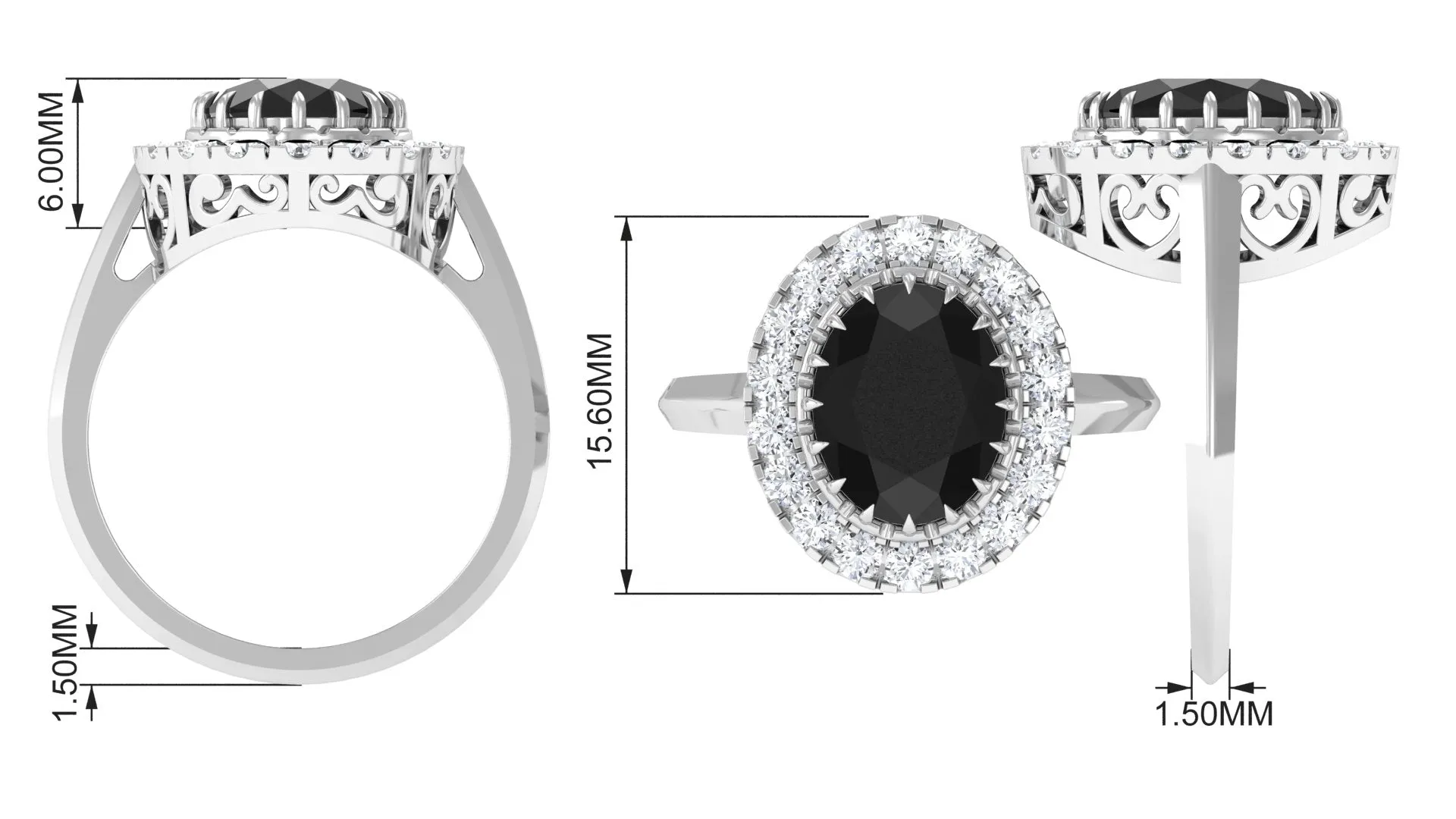 Oval Lab Grown Black Diamond and Moissanite Halo Engagement Ring