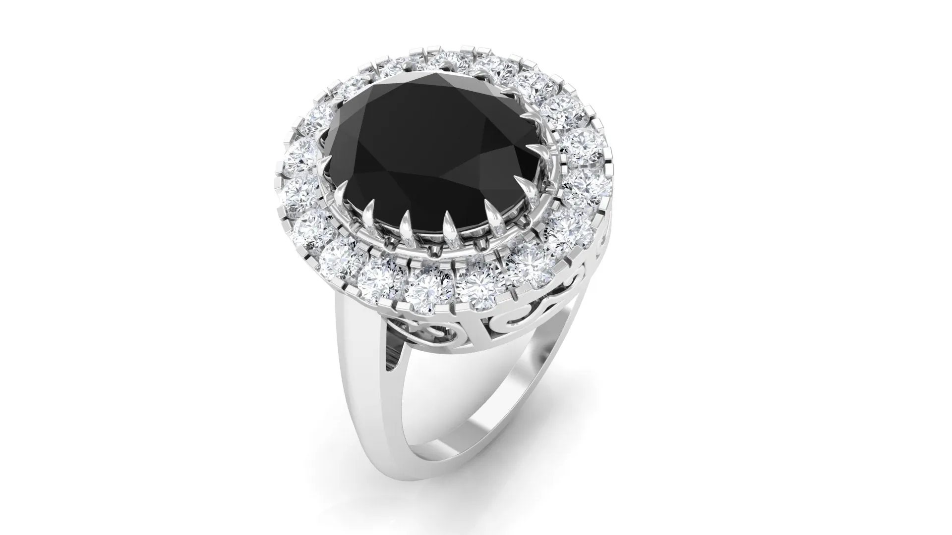 Oval Lab Grown Black Diamond and Moissanite Halo Engagement Ring