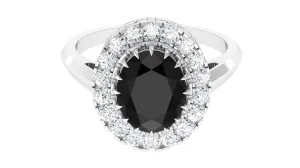 Oval Lab Grown Black Diamond and Moissanite Halo Engagement Ring