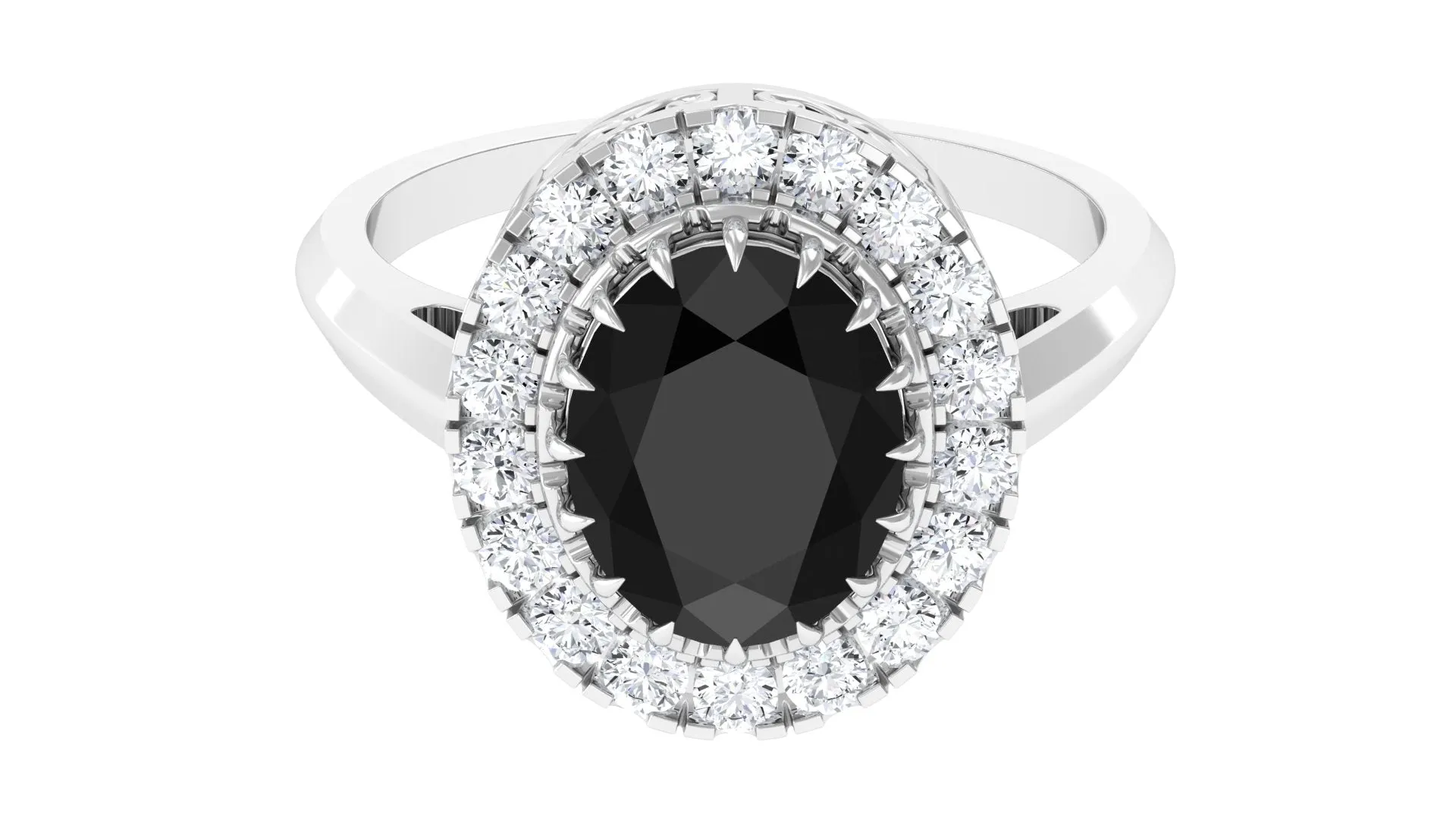 Oval Lab Grown Black Diamond and Moissanite Halo Engagement Ring
