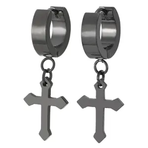 Pair of Gold Huggie Hinged Hoop Earrings with Cross Unisex Men Women