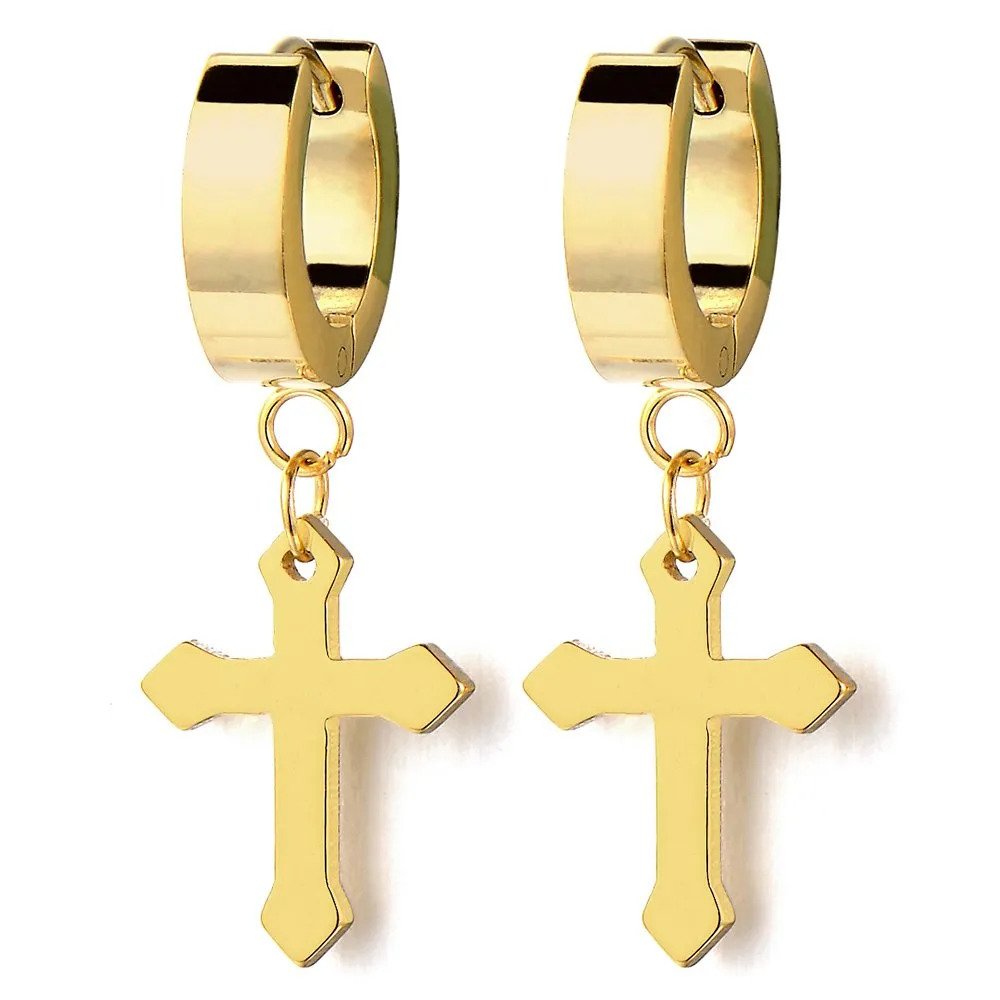 Pair of Gold Huggie Hinged Hoop Earrings with Cross Unisex Men Women