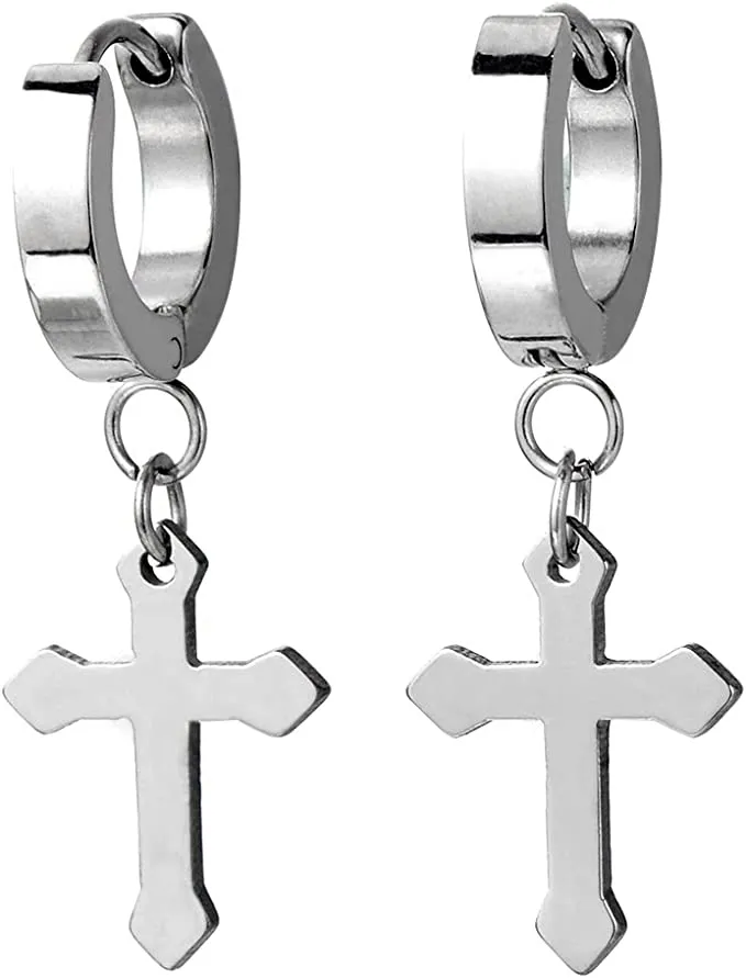 Pair of Gold Huggie Hinged Hoop Earrings with Cross Unisex Men Women