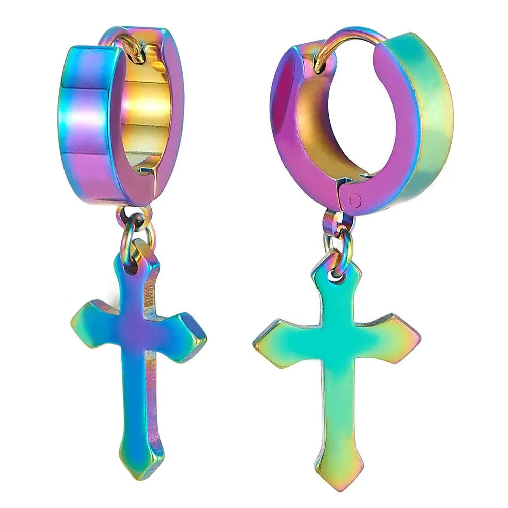 Pair of Gold Huggie Hinged Hoop Earrings with Cross Unisex Men Women