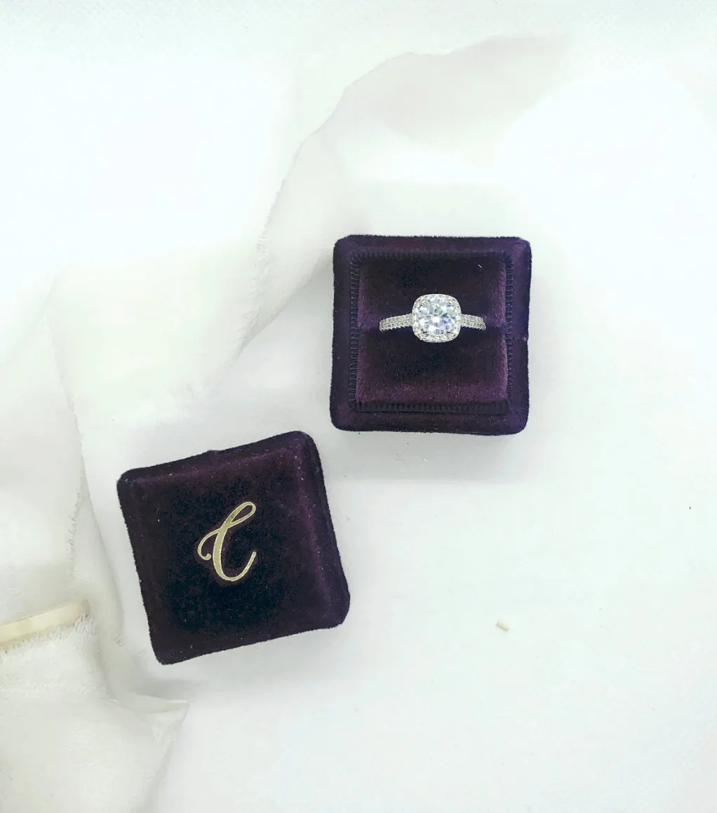 Plum Purple Velvet Square Ring Box - Clearance