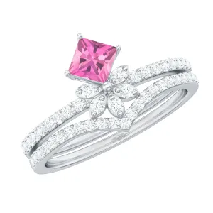 Princess Cut Pink tourmaline and Diamond Flower Ring Set