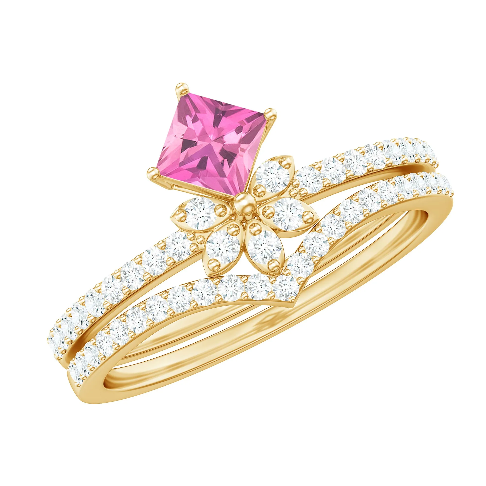 Princess Cut Pink tourmaline and Diamond Flower Ring Set