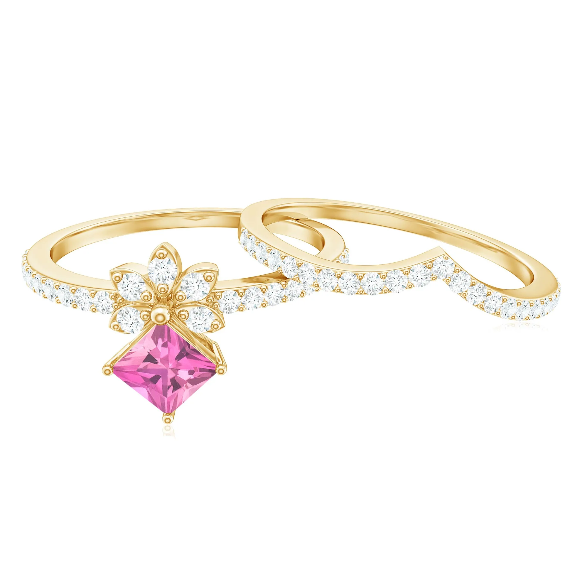 Princess Cut Pink tourmaline and Diamond Flower Ring Set