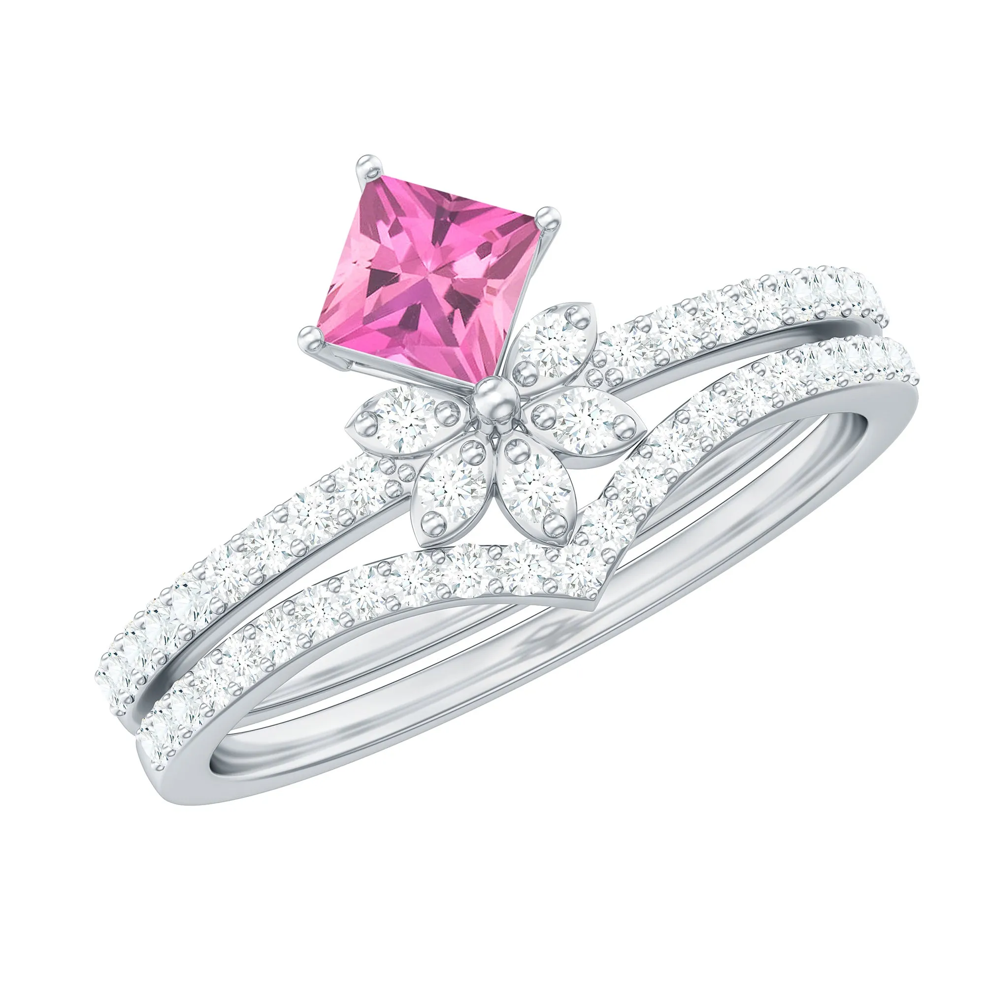 Princess Cut Pink tourmaline and Diamond Flower Ring Set