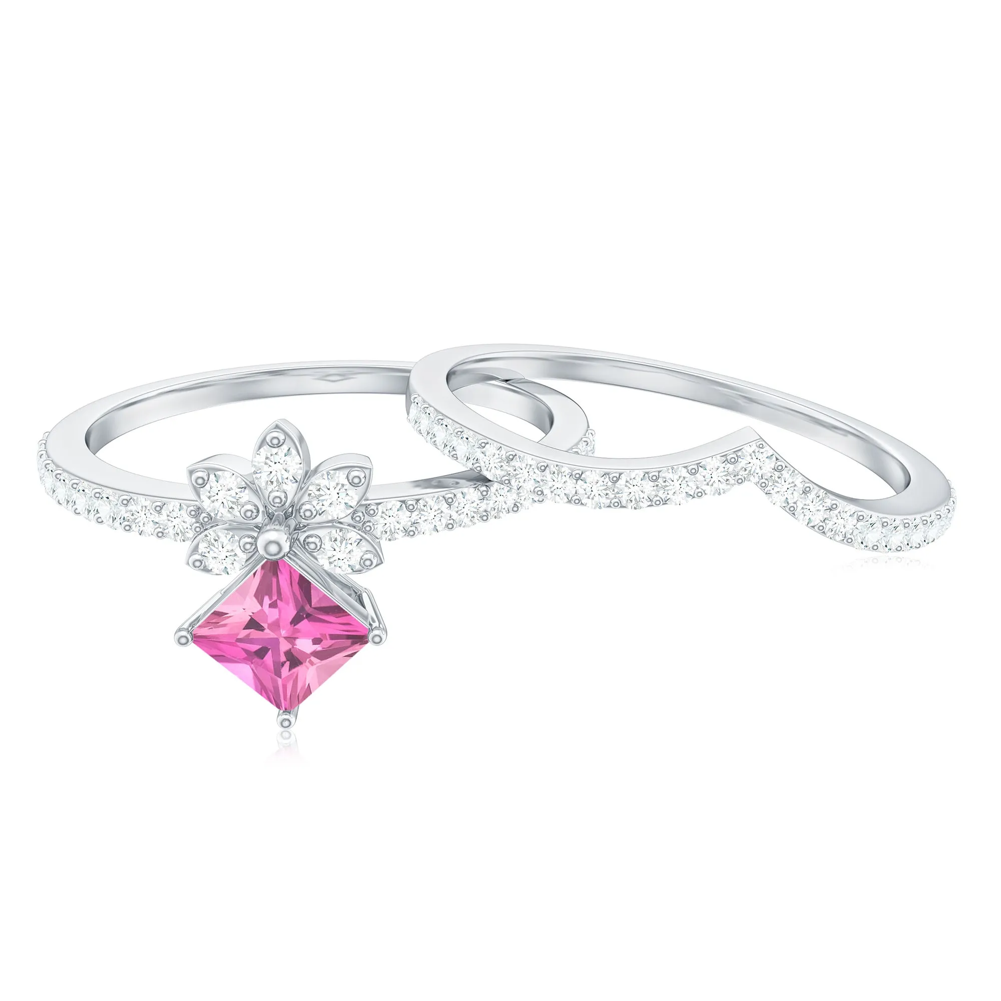 Princess Cut Pink tourmaline and Diamond Flower Ring Set