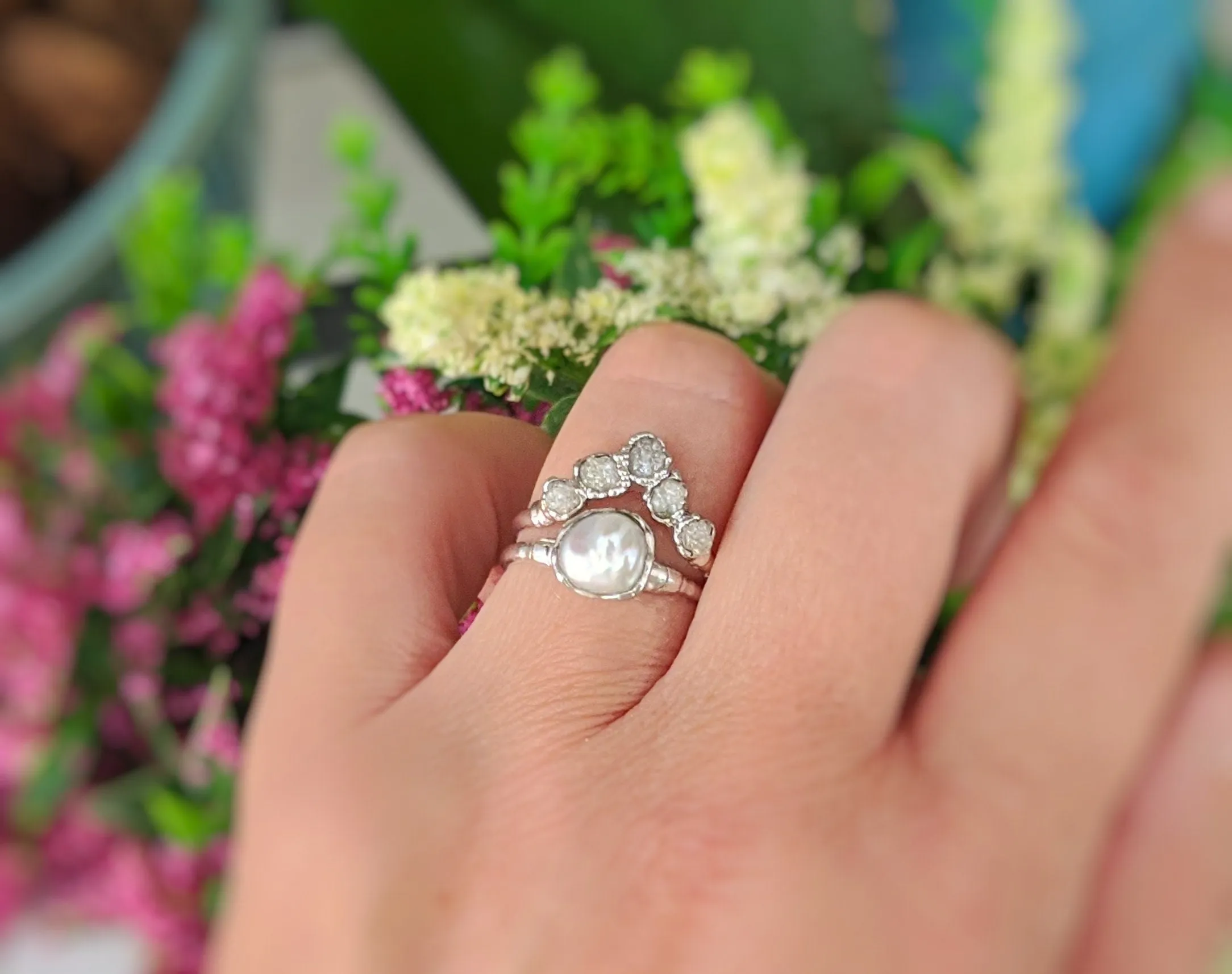 Raw diamond and Keshi pearl Chevron wedding ring set