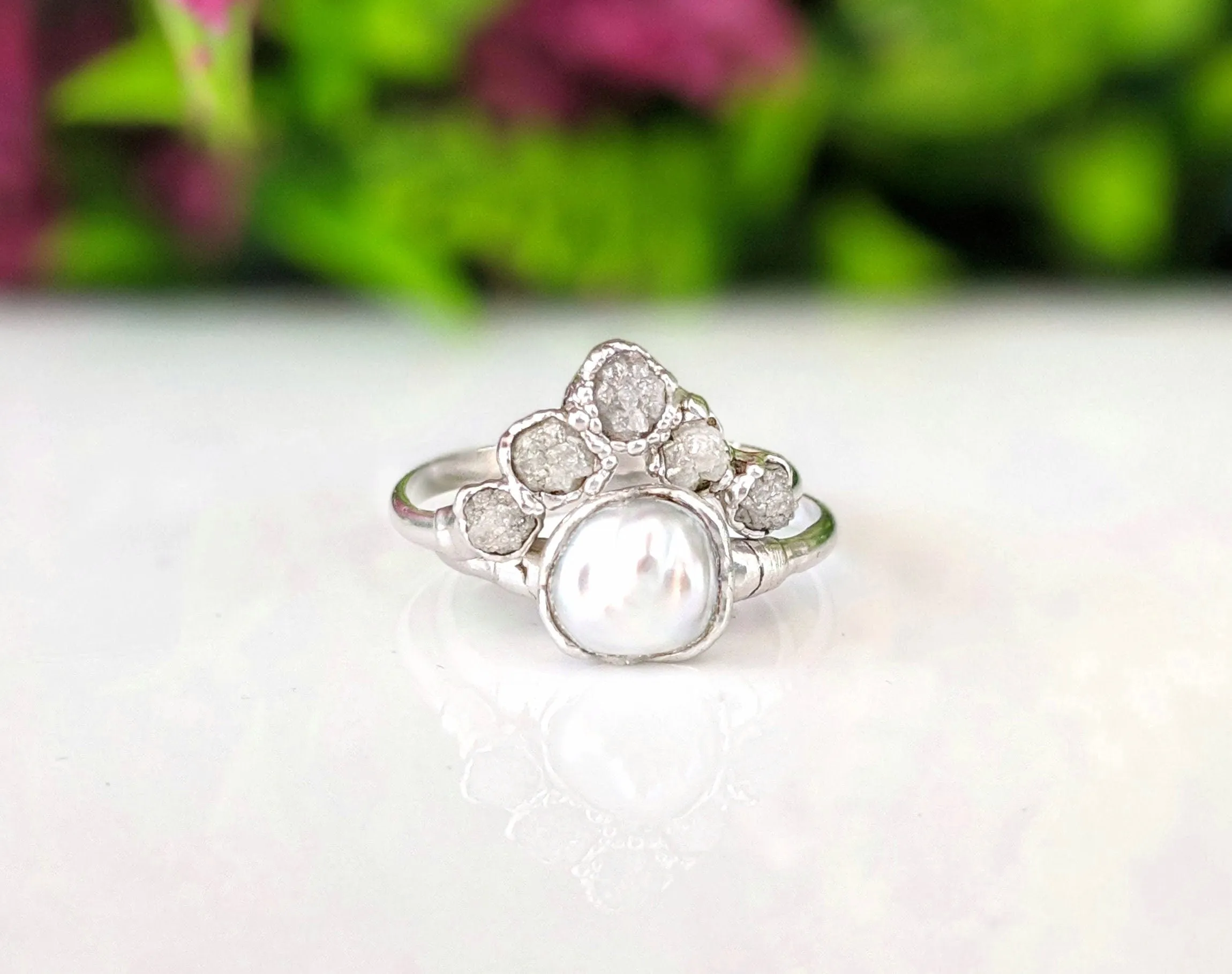 Raw diamond and Keshi pearl Chevron wedding ring set
