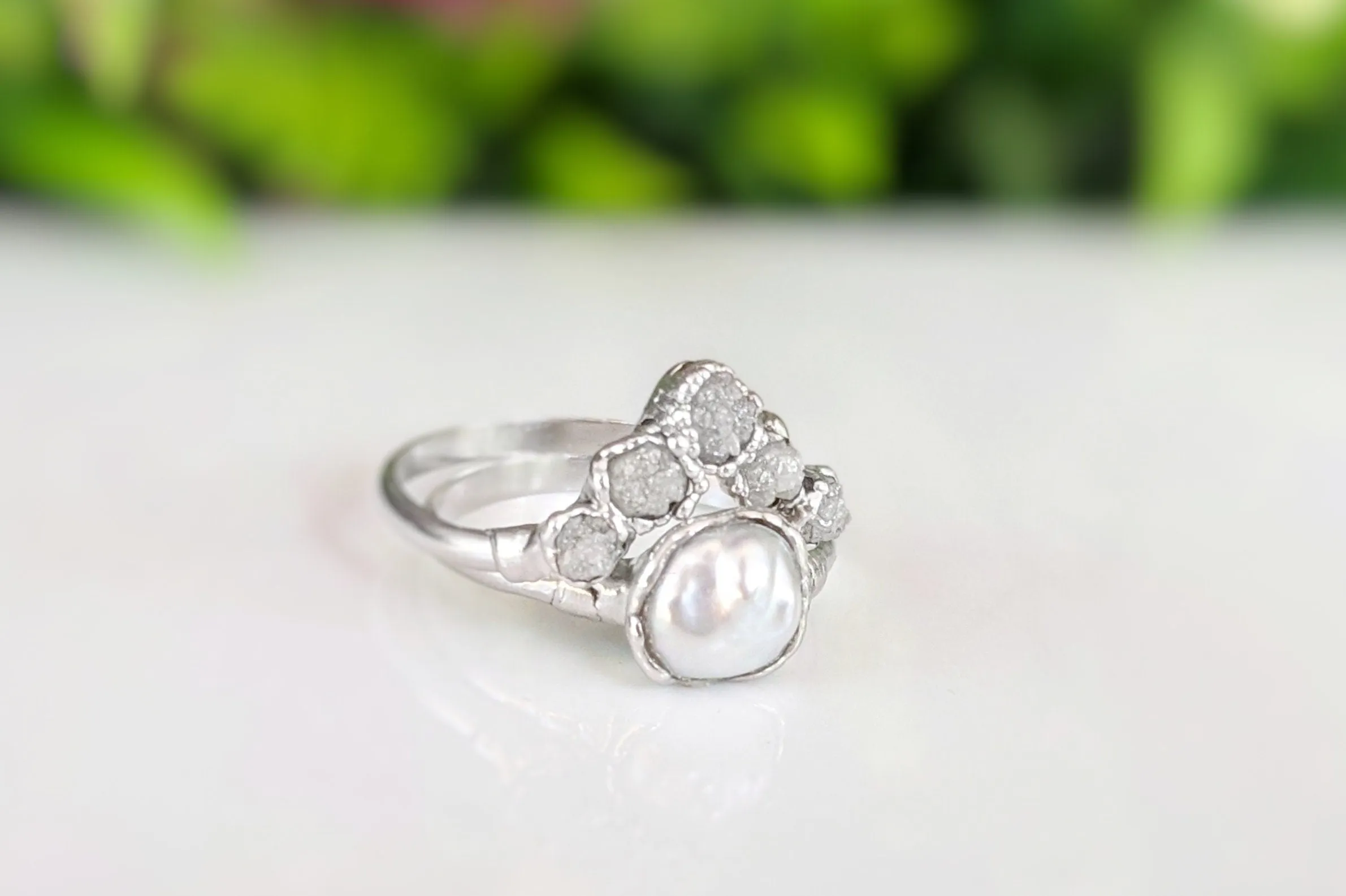 Raw diamond and Keshi pearl Chevron wedding ring set