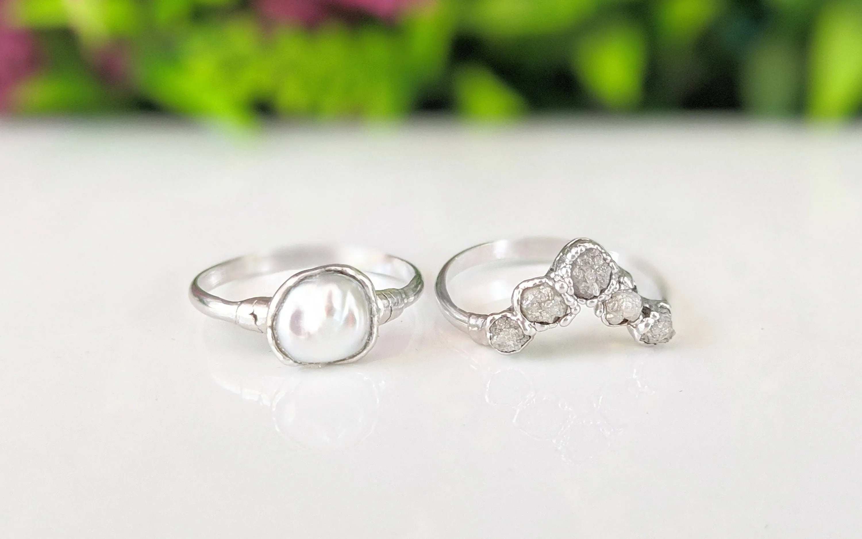 Raw diamond and Keshi pearl Chevron wedding ring set