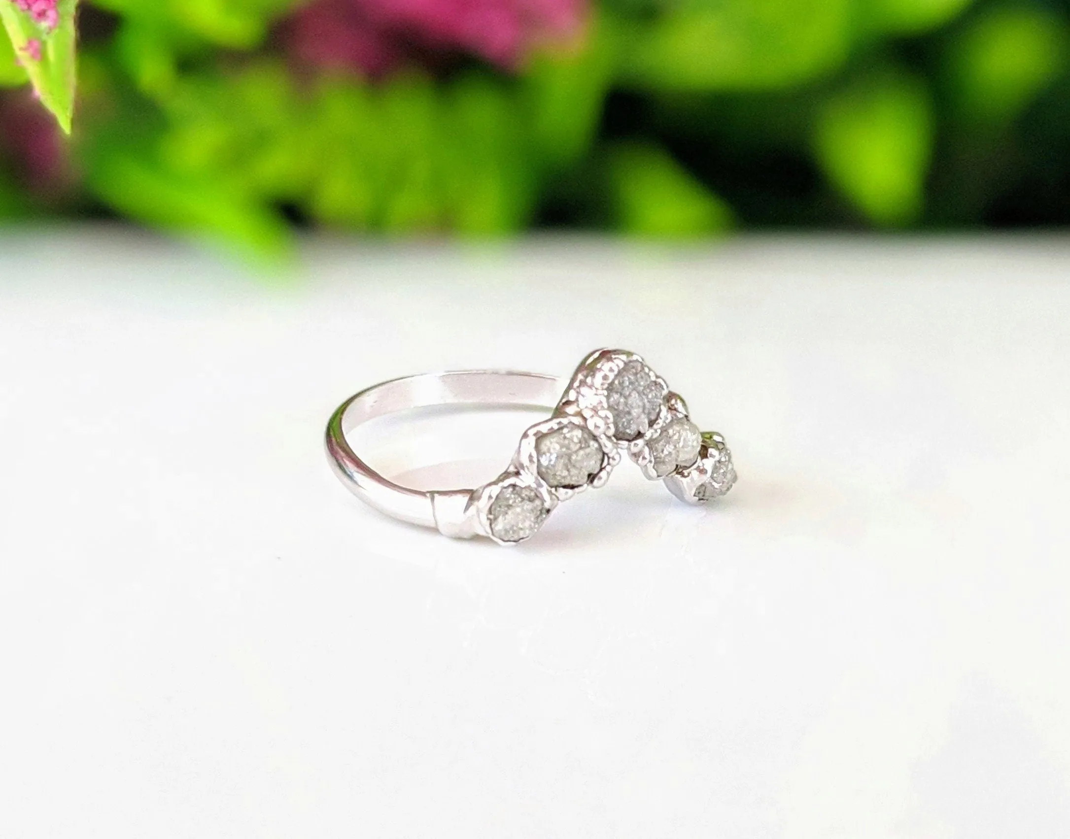 Raw diamond and Keshi pearl Chevron wedding ring set