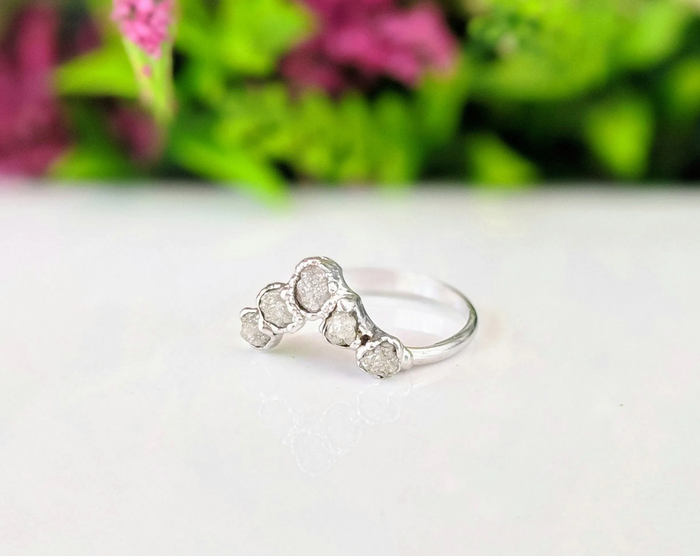 Raw diamond and Keshi pearl Chevron wedding ring set