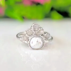 Raw diamond and Keshi pearl Chevron wedding ring set