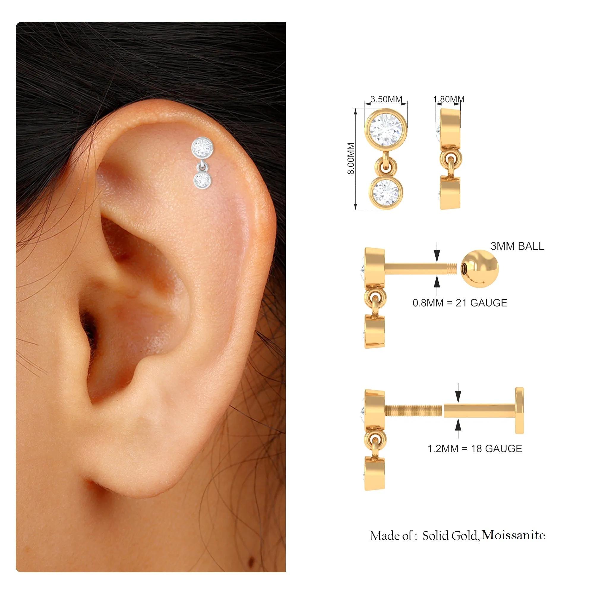 Round Bezel Set Moissanite Drop Earring for Helix Piercing