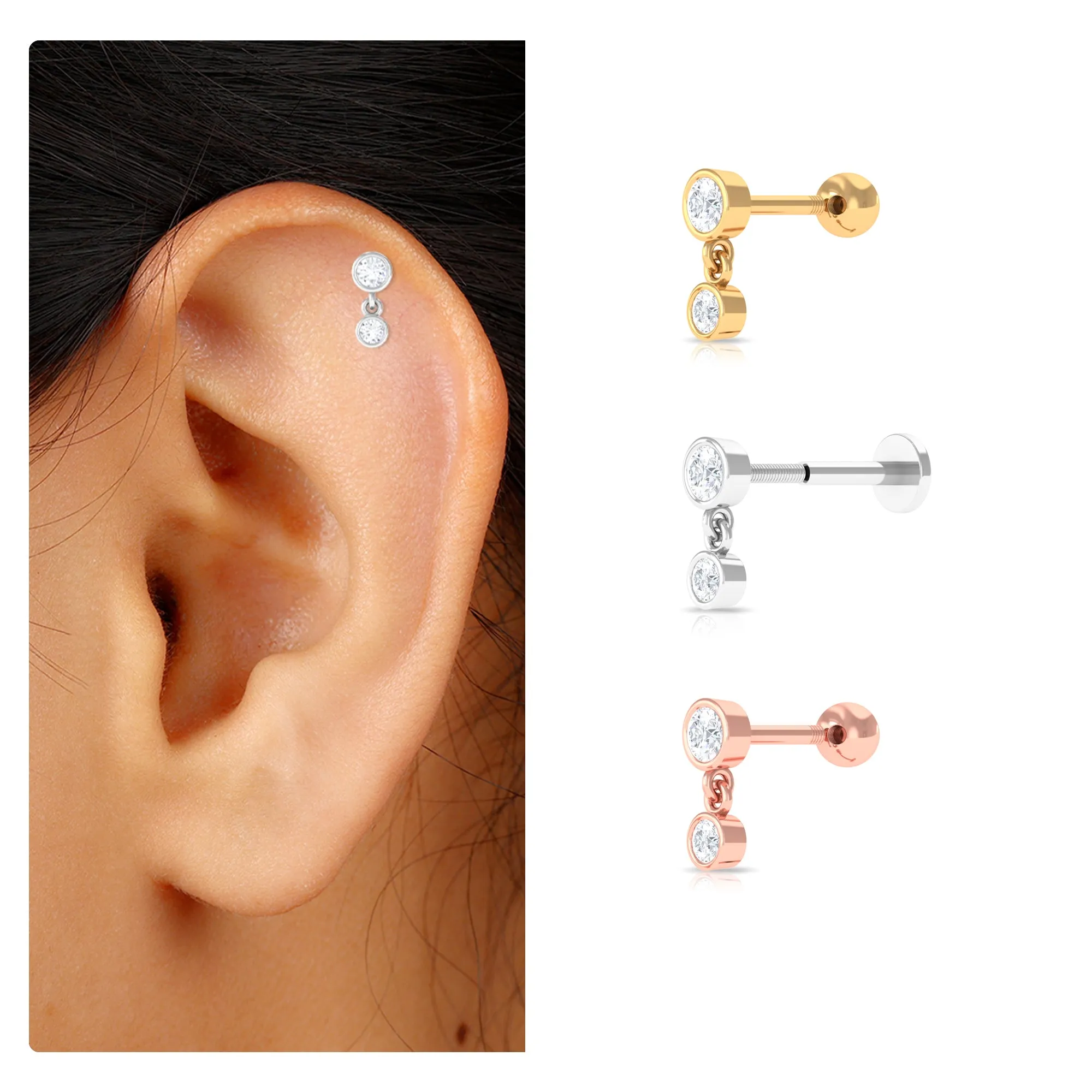 Round Bezel Set Moissanite Drop Earring for Helix Piercing