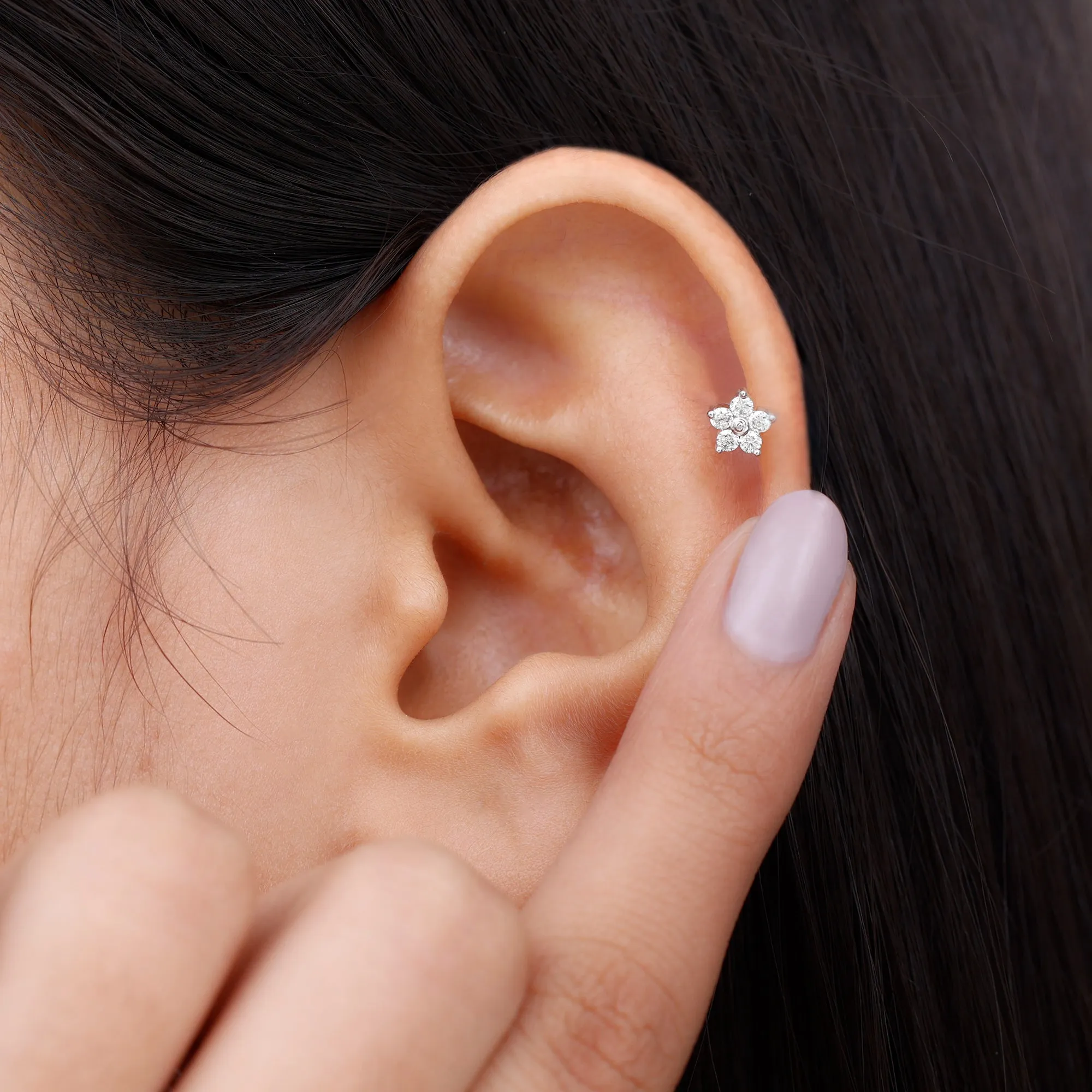 Round Moissanite Simple Flower Earring for Conch Piercing