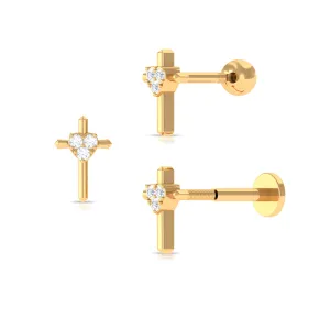 Round Natural Diamond Gold Cross Helix Earring
